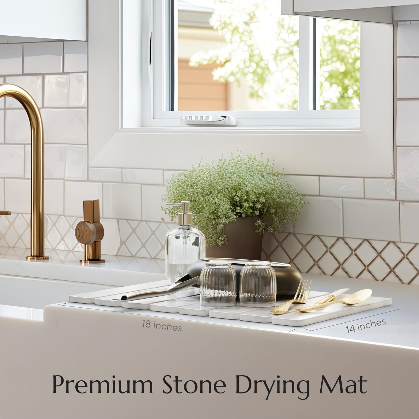 Stone Drying Mat for Kitchen Counter - Collapsible Diatomaceous Earth Dish Drying Stone - Fast Absorbent Stone Dish Drying Mat for Dishes and Pots (White Marble)