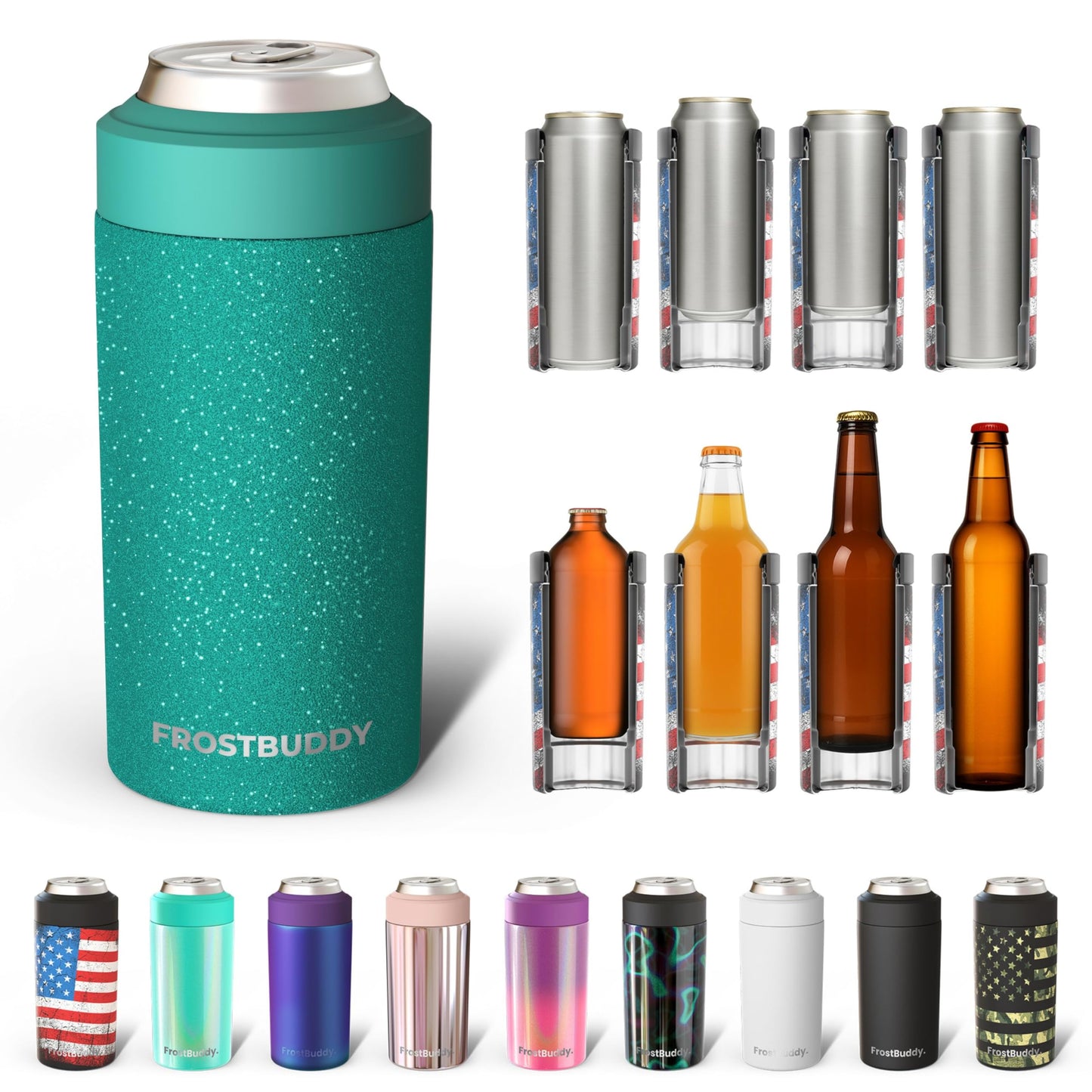 Frost Buddy Universal Buddy Can Cooler - Fits All - For Regular 12 & 16 oz or Slim-Size Bottles - Insulated Double -Walled Stainless Steel (All white)