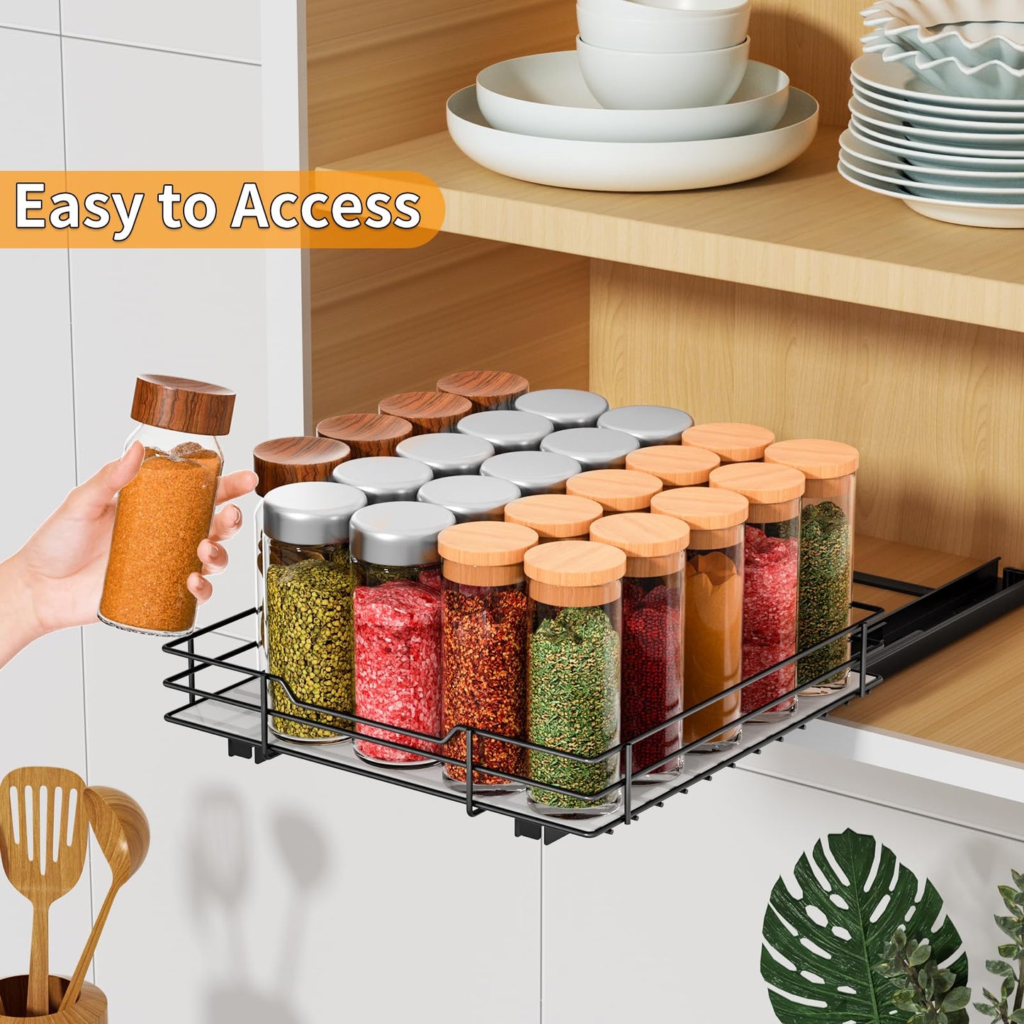 RCHYFEED Pull Out Spice Rack Organizer for Cabinet,Slide out Spice Organizer for Inside Cabinets,Heavy Duty Spice Organization for Kitchen and Pantry,Seasoning,Sauces(1-Tier,8.5" Wx10.5 Dx2.5 H)