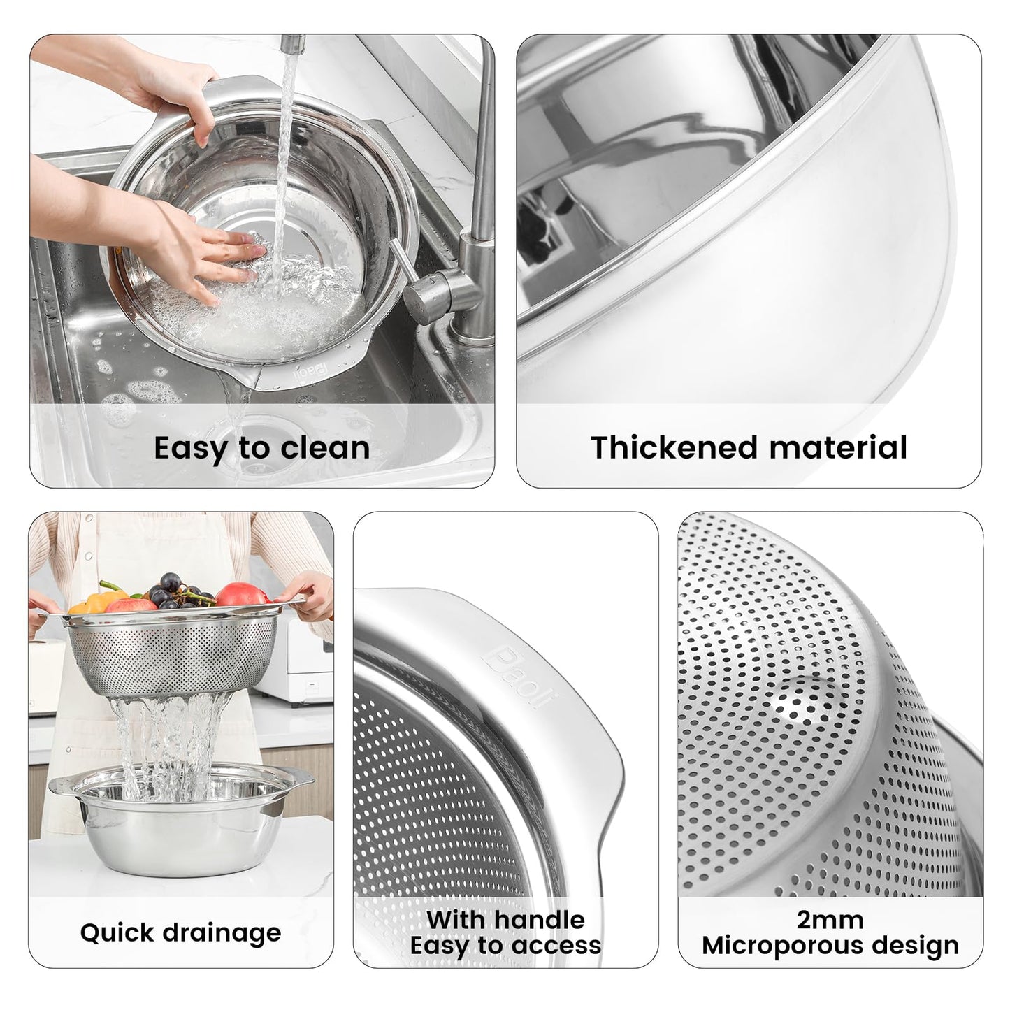304 Stainless Steel Microporous Colander, 2.5QT Large Capacity with Mixing Bowl For washing vegetables, fruit and rice and for draining cooked pasta(2PC)