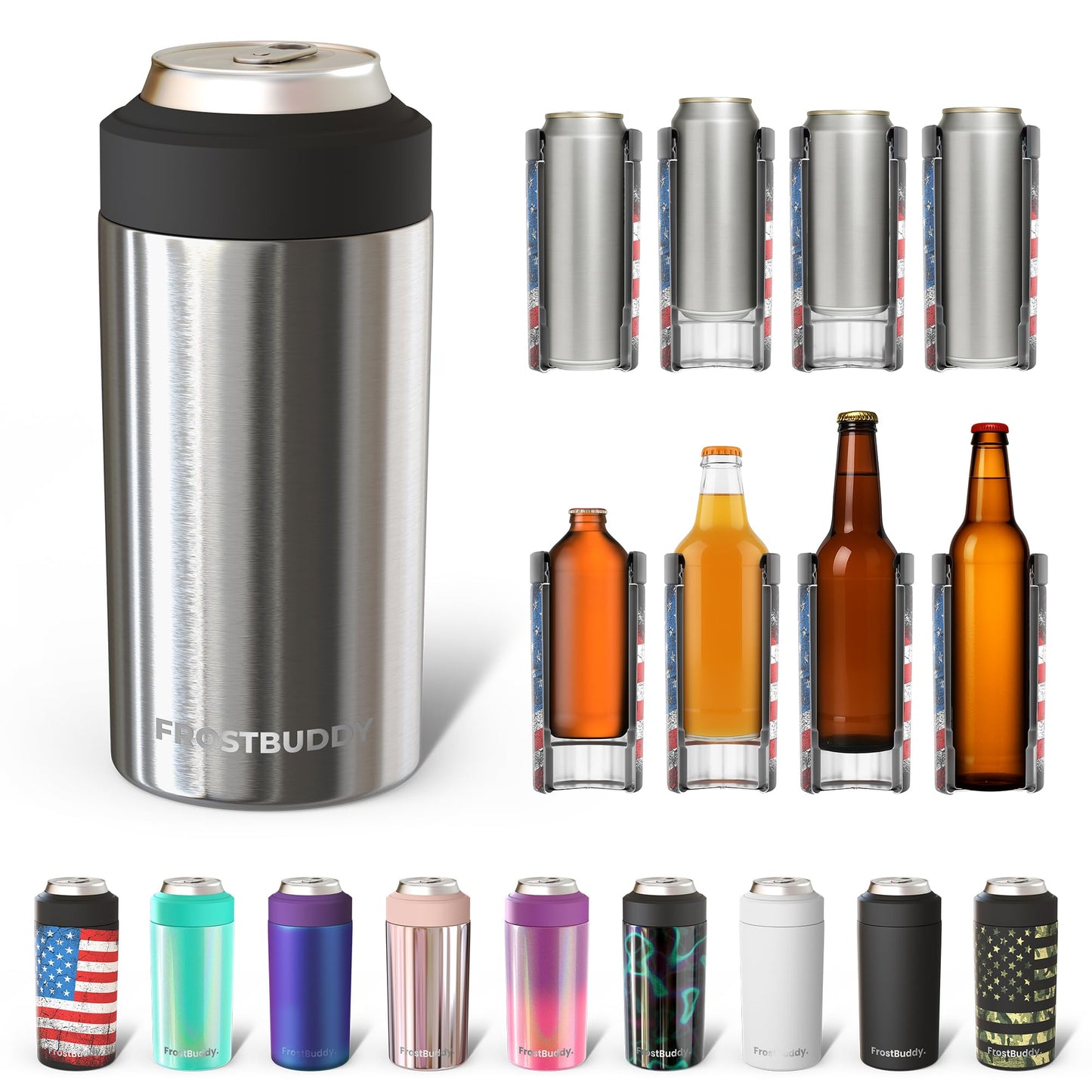 Frost Buddy Universal Buddy Can Cooler - Fits All - For Regular 12 & 16 oz or Slim-Size Bottles - Insulated Double -Walled Stainless Steel (All white)