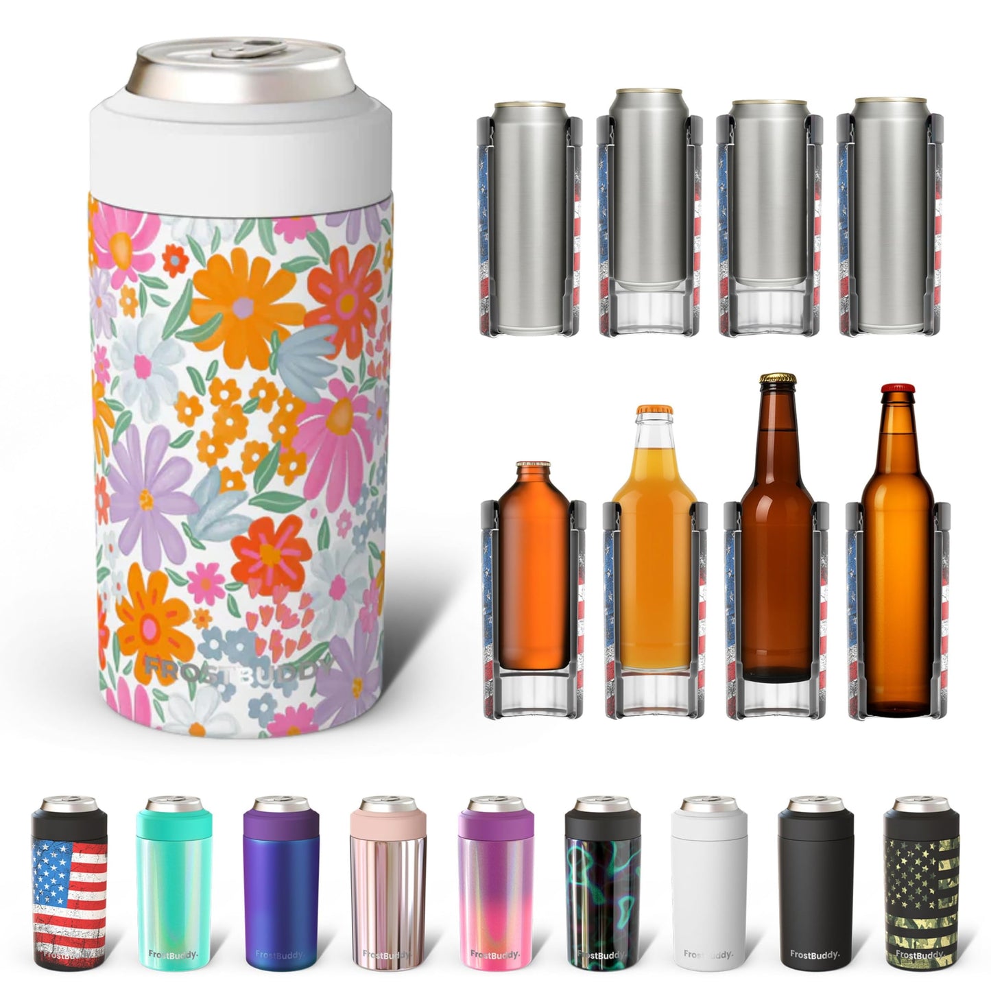 Frost Buddy Universal Buddy Can Cooler - Fits All - For Regular 12 & 16 oz or Slim-Size Bottles - Insulated Double -Walled Stainless Steel (All white)