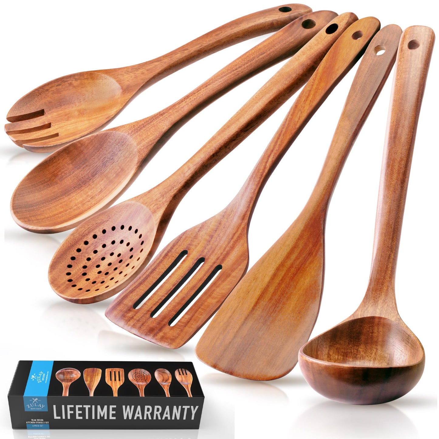Zulay Kitchen 9.4" Teak Wooden Cooking Spoon – Durable, Non-Stick Wooden Utensil for Cooking, Stirring, Mixing & Serving – Heat-Resistant, Smooth Finish Kitchen Spoon for Nonstick Cookware