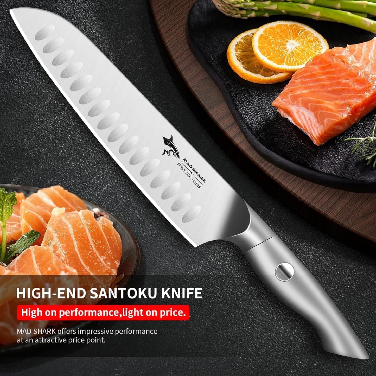 MAD SHARK 8 Inch Santoku Knife - Ultra Sharp Japanese Kitchen Knife, High Carbon German Steel, Ergonomic Handle - Ideal for Slicing, Dicing & Chopping - Unique Gift for Chefs, Men & Women (White)