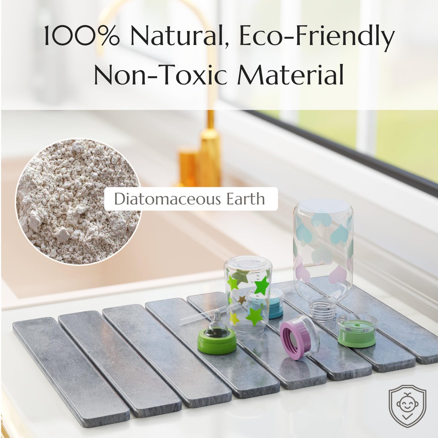 Stone Drying Mat for Kitchen Counter - Collapsible Diatomaceous Earth Dish Drying Stone - Fast Absorbent Stone Dish Drying Mat for Dishes and Pots (White Marble)