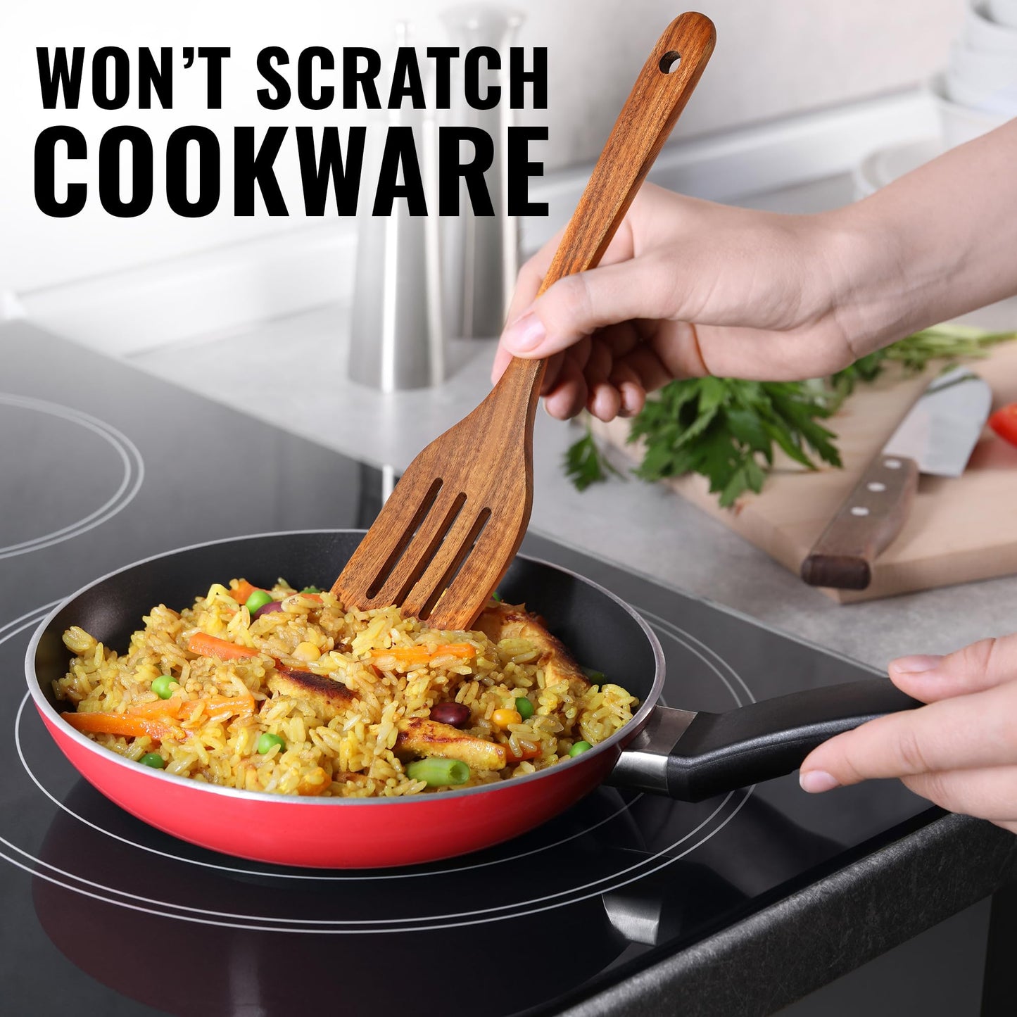 Zulay Kitchen 9.4" Teak Wooden Cooking Spoon – Durable, Non-Stick Wooden Utensil for Cooking, Stirring, Mixing & Serving – Heat-Resistant, Smooth Finish Kitchen Spoon for Nonstick Cookware