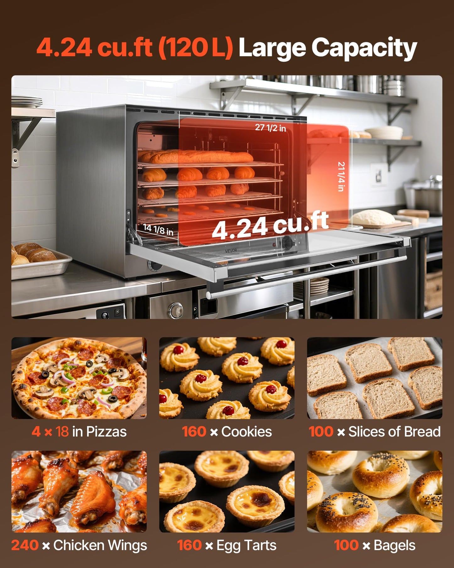 VEVOR Commercial Convection Oven, 21L/19Qt, Quarter-Size Conventional Oven Countertop, 1440W 3-Tier Toaster w/Front Glass Door, Electric Baking Oven w/Trays Wire Racks Clip Gloves, 120V