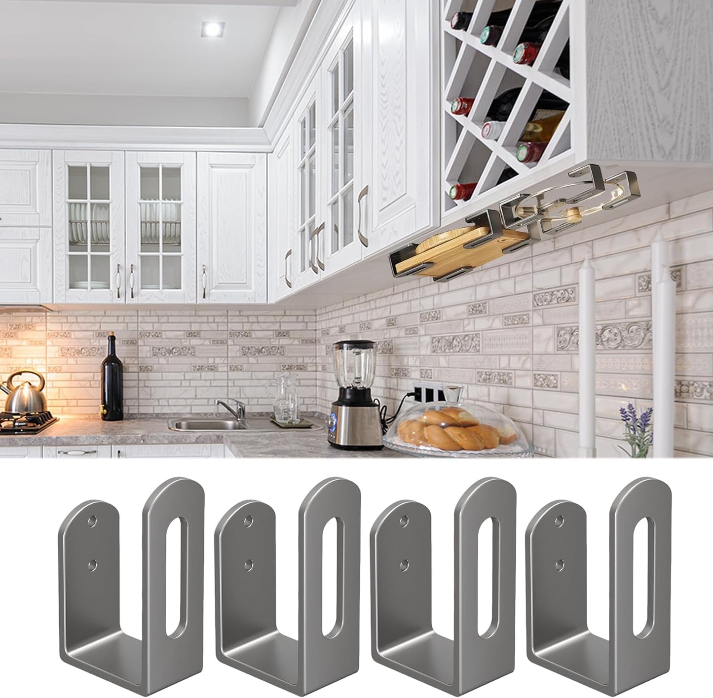 Under Cabinet Cutting Board Holder - 4 Pcs Cutting Board Holder Pot Lids Rack Storage Stainless Steel Under Shelf Counter Chopping Board(Grey)