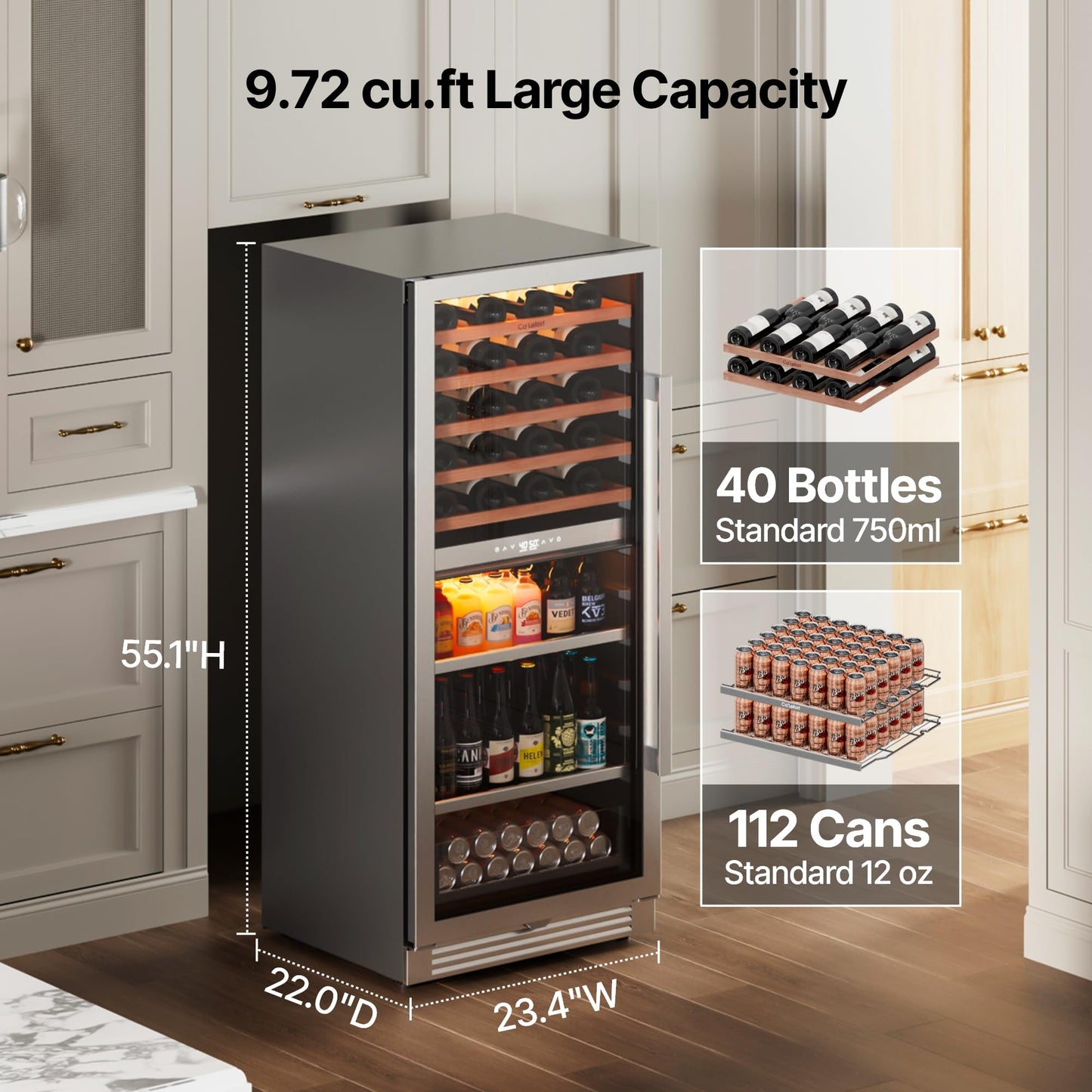 Ca'Lefort 24 Inch Wine Fridge, Dual Zone 90 Bottle Wine Cooler Refrigerator, 40-65°F Refrigerator with Glass Door, 3 LED Built-in/Freestanding Fridge for Bar/Kitchen/Resterant (Left-Hinged)