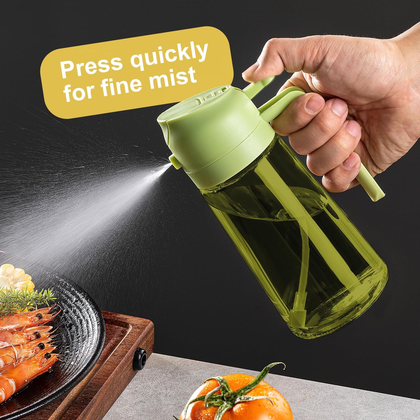 CXINYI - 16oz/470ml Olive Oil Dispenser for Kitchen with Stickers - 2 in 1 Olive Oil Sprayer for Cooking, Air Fryer, and Salad, Black&Green (Light-Proof Kitchen Gadget)