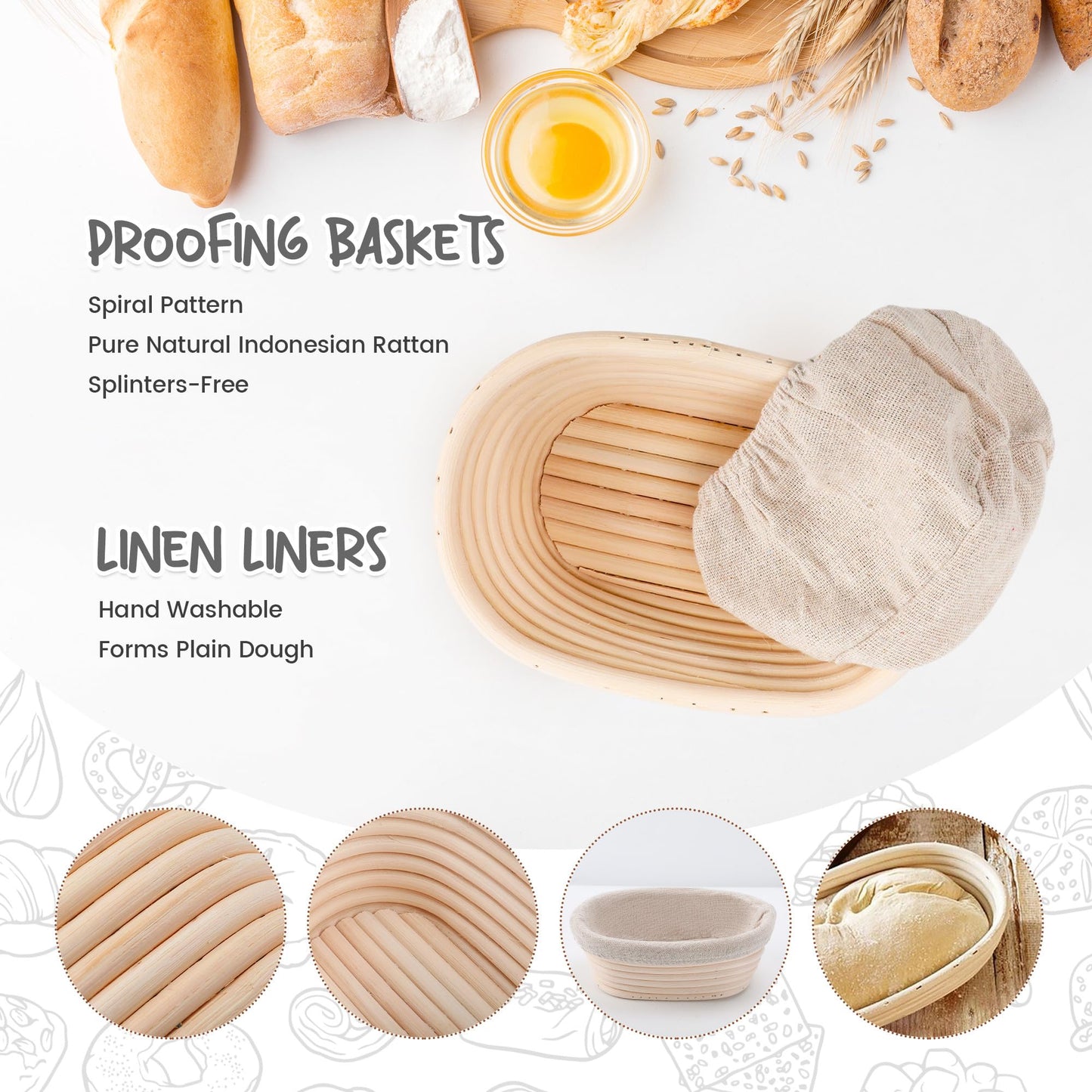 Bread Proofing Baskets Set of 2 10 inch Oval Shaped Dough Proofing Bowls w/Liners Perfect for Professional & Home Sourdough Bread Baking