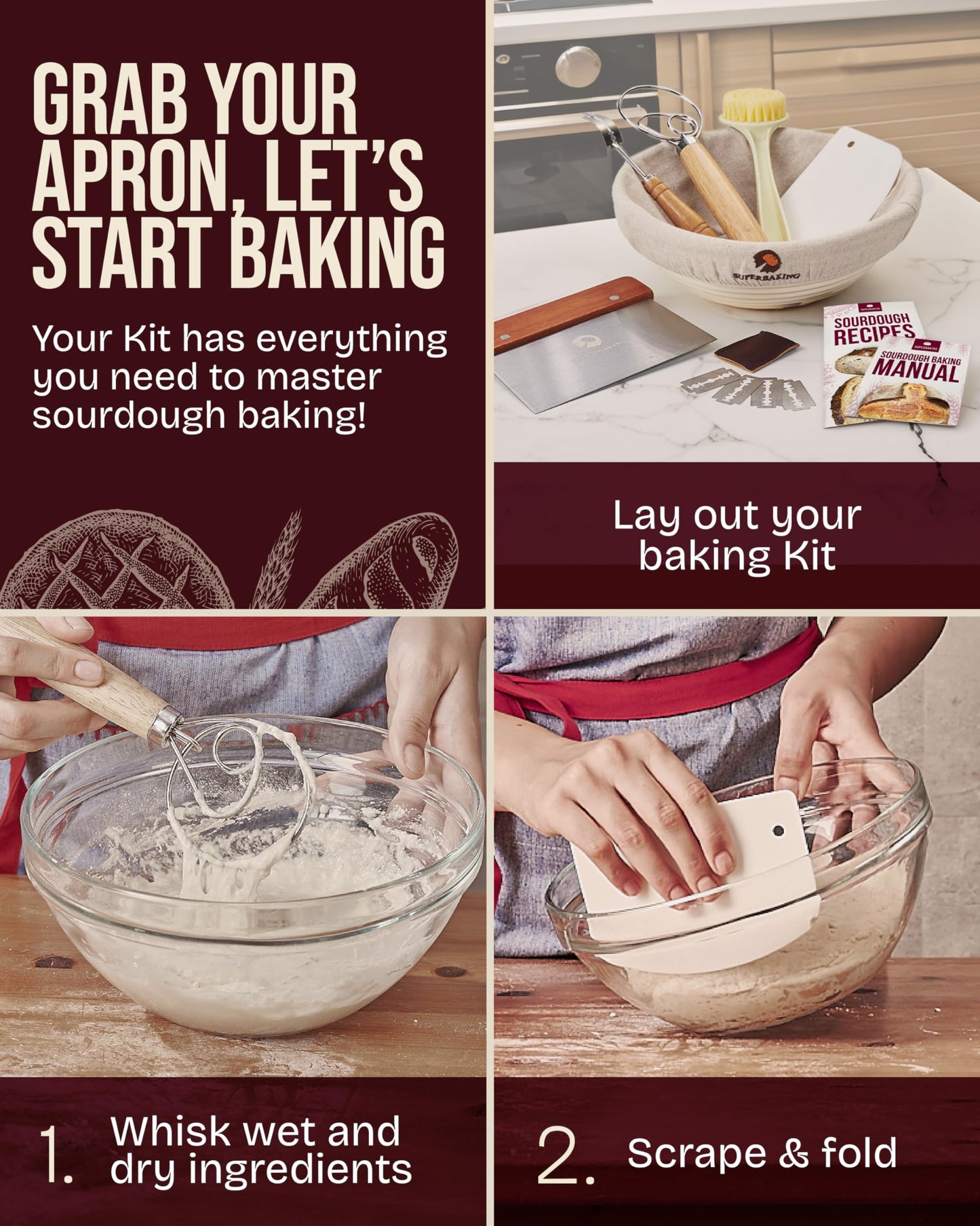 Superbaking 2 pcs Banneton Bread Proofing Basket, 9" Splinter-Free Round Rattan Bread Basket with Liners, Sourdough Starter Kit, Sourdough Bread Baking Supplies & Sourdough Kit, Bread Making Tools