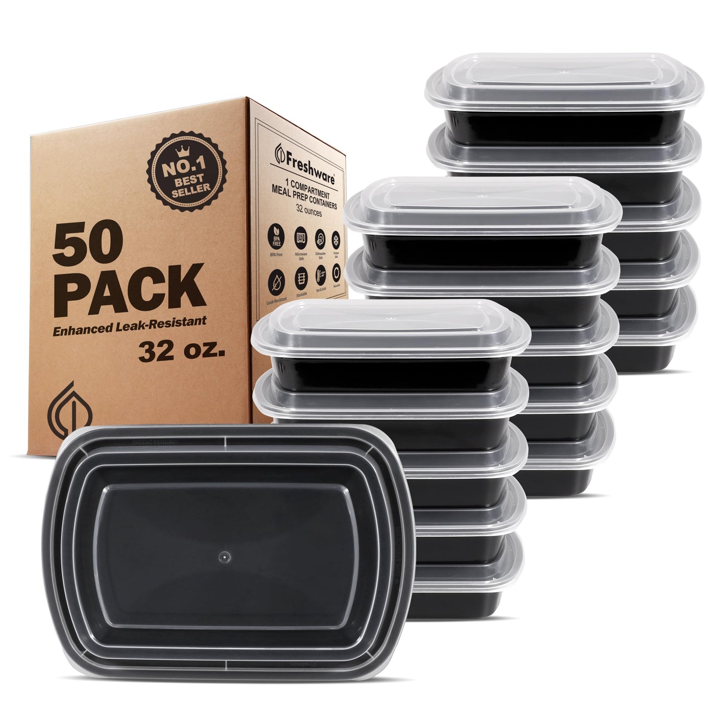 Freshware Meal Prep Containers [150 Pack] 1 Compartment with Lids, Food Storage Containers, Bento Box, BPA Free, Stackable, Microwave/Dishwasher/Freezer Safe (24 oz)