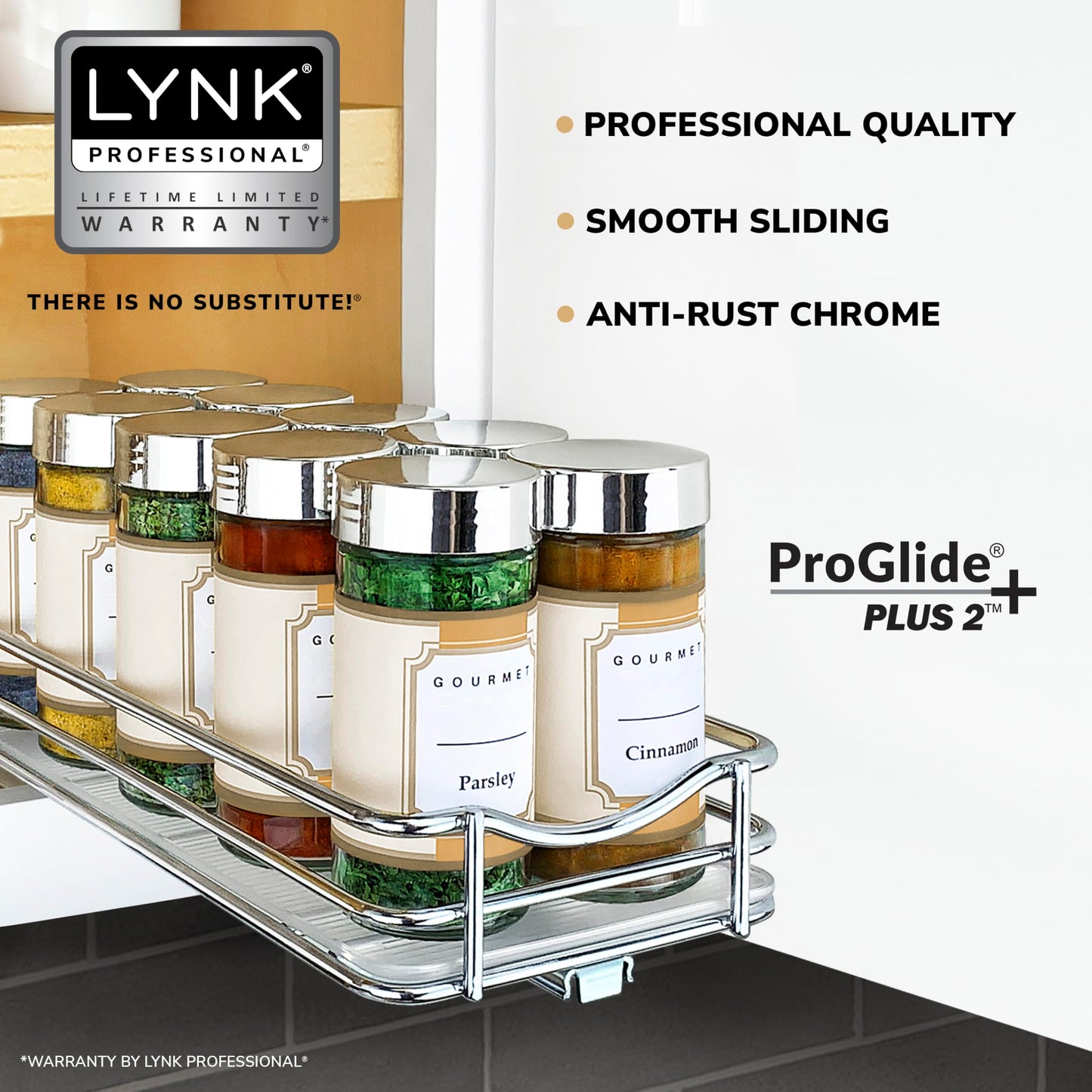 LYNK PROFESSIONAL® Pull Out Spice Rack Organizer for Inside Kitchen Cabinets - 4-3/8 inch Wide - Slide Out Drawer – Black Sliding Spice Cabinet Organization Shelf Racks - 2 Tier