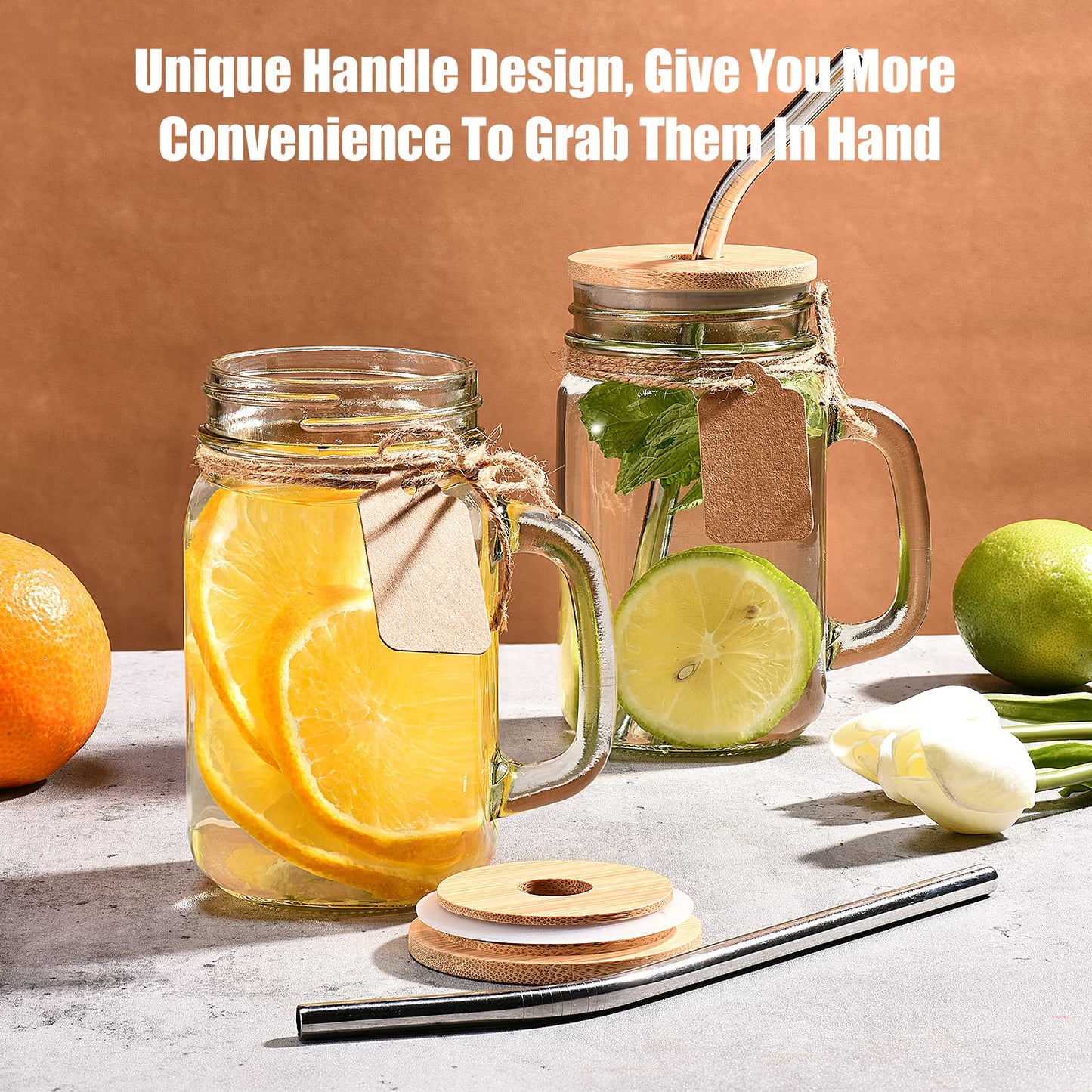 TANGLONG 16 oz Mason Jars with Handle, Mason Jar Cups, Glass Cups with Lids and Straws, Drinking Glasses Set of 12