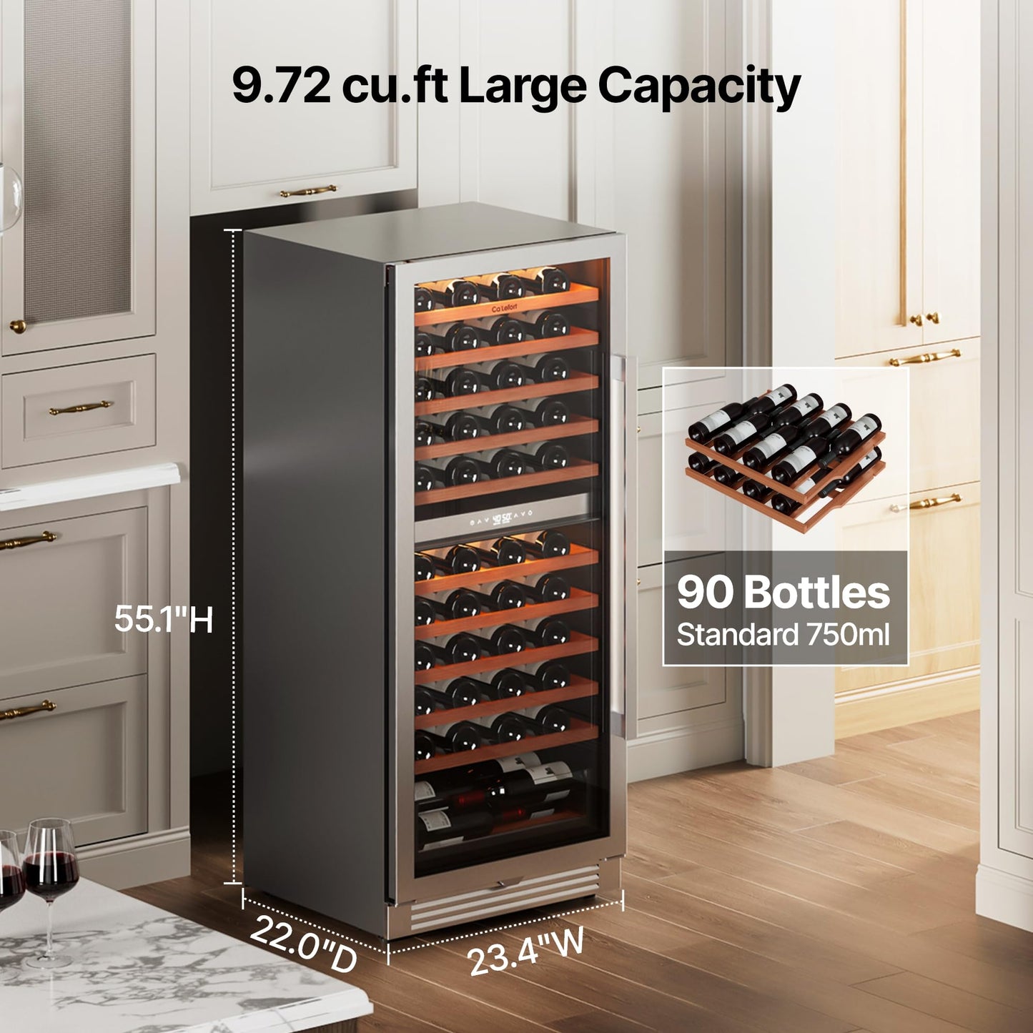 Ca'Lefort 24 Inch Wine Fridge, Dual Zone 90 Bottle Wine Cooler Refrigerator, 40-65°F Refrigerator with Glass Door, 3 LED Built-in/Freestanding Fridge for Bar/Kitchen/Resterant (Left-Hinged)