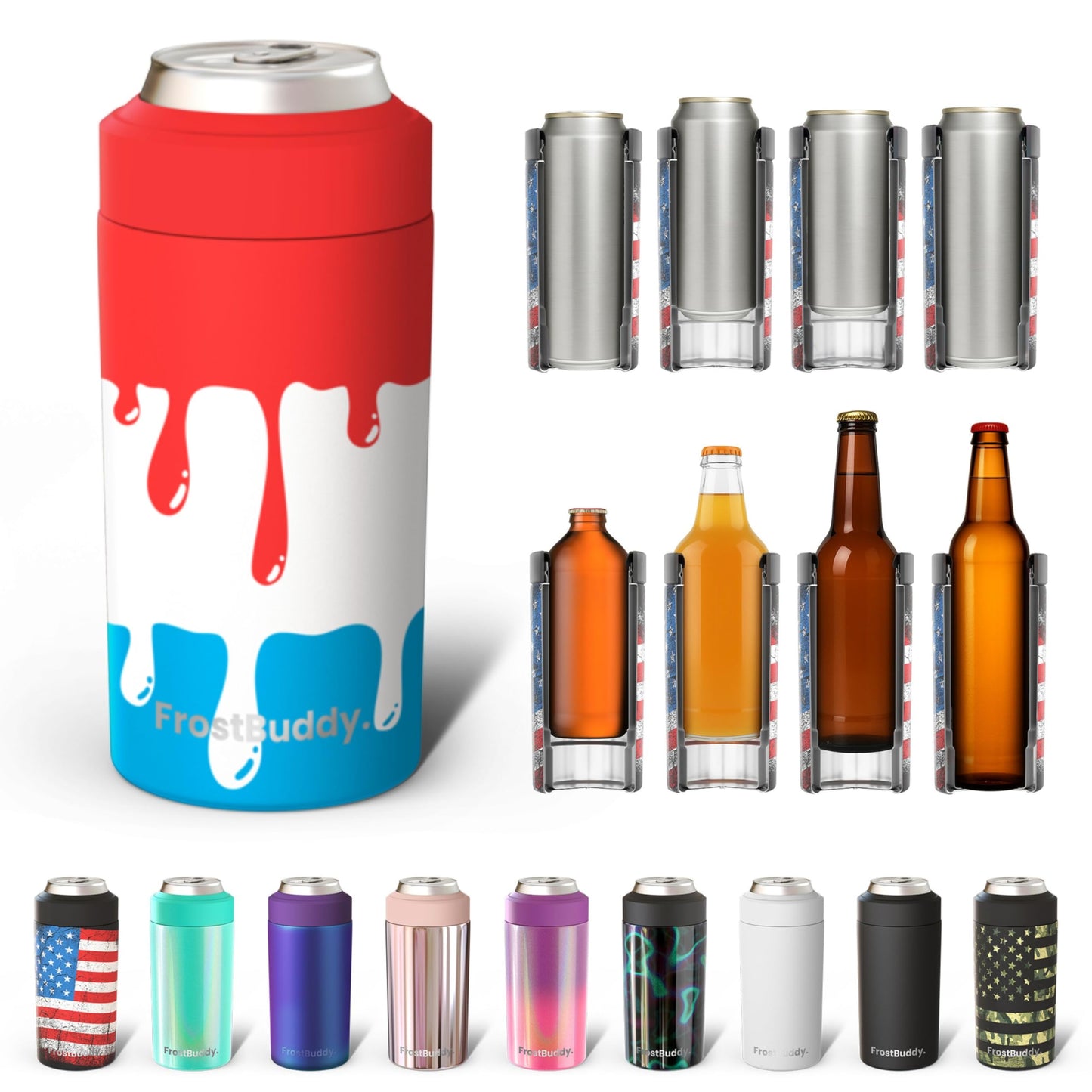 Frost Buddy Universal Buddy Can Cooler - Fits All - For Regular 12 & 16 oz or Slim-Size Bottles - Insulated Double -Walled Stainless Steel (All white)
