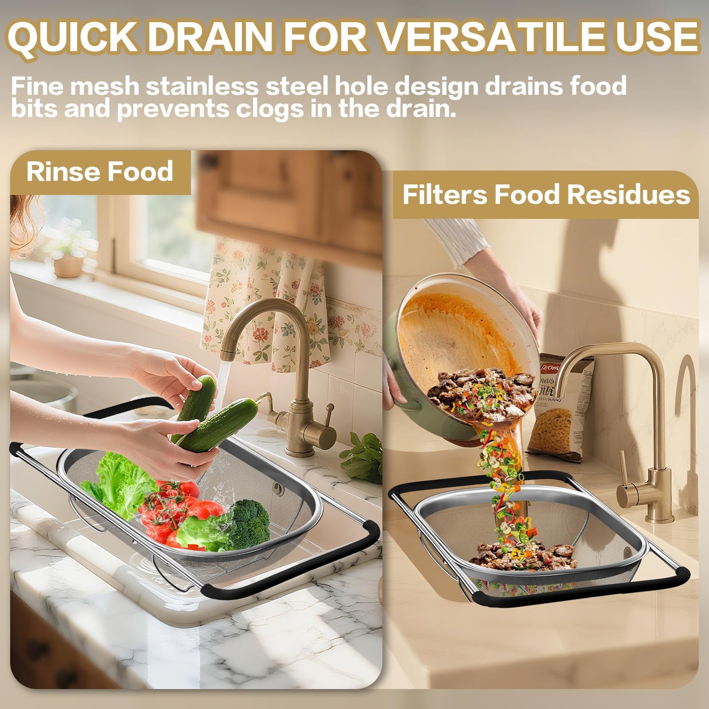 Over the Sink Colander - Strainers and Colanders - Stainless Steel Strainer - Expandable Sink Colander with Rubber Grip for Strain, Drain, Rinse Fruits, Vegetables, Home Kitchen Essentials