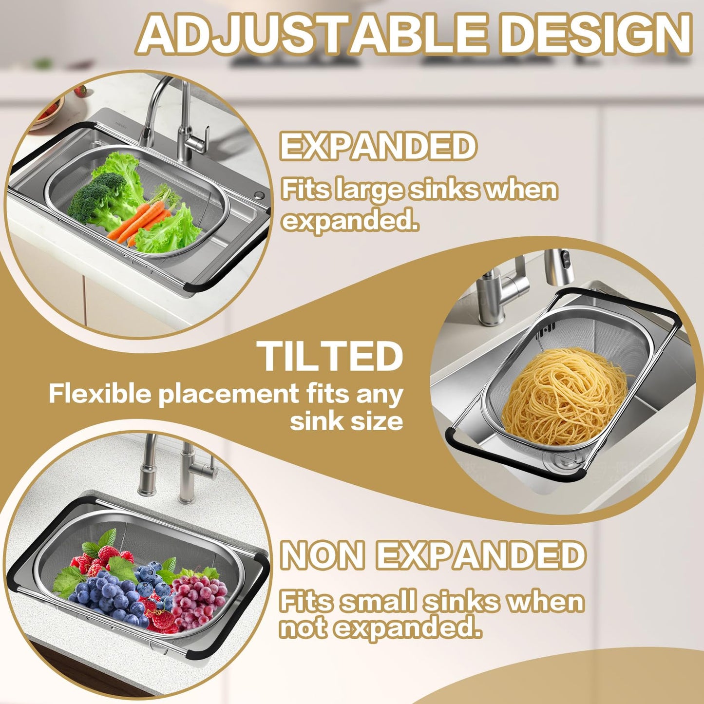 Over the Sink Colander - Strainers and Colanders - Stainless Steel Strainer - Expandable Sink Colander with Rubber Grip for Strain, Drain, Rinse Fruits, Vegetables, Home Kitchen Essentials