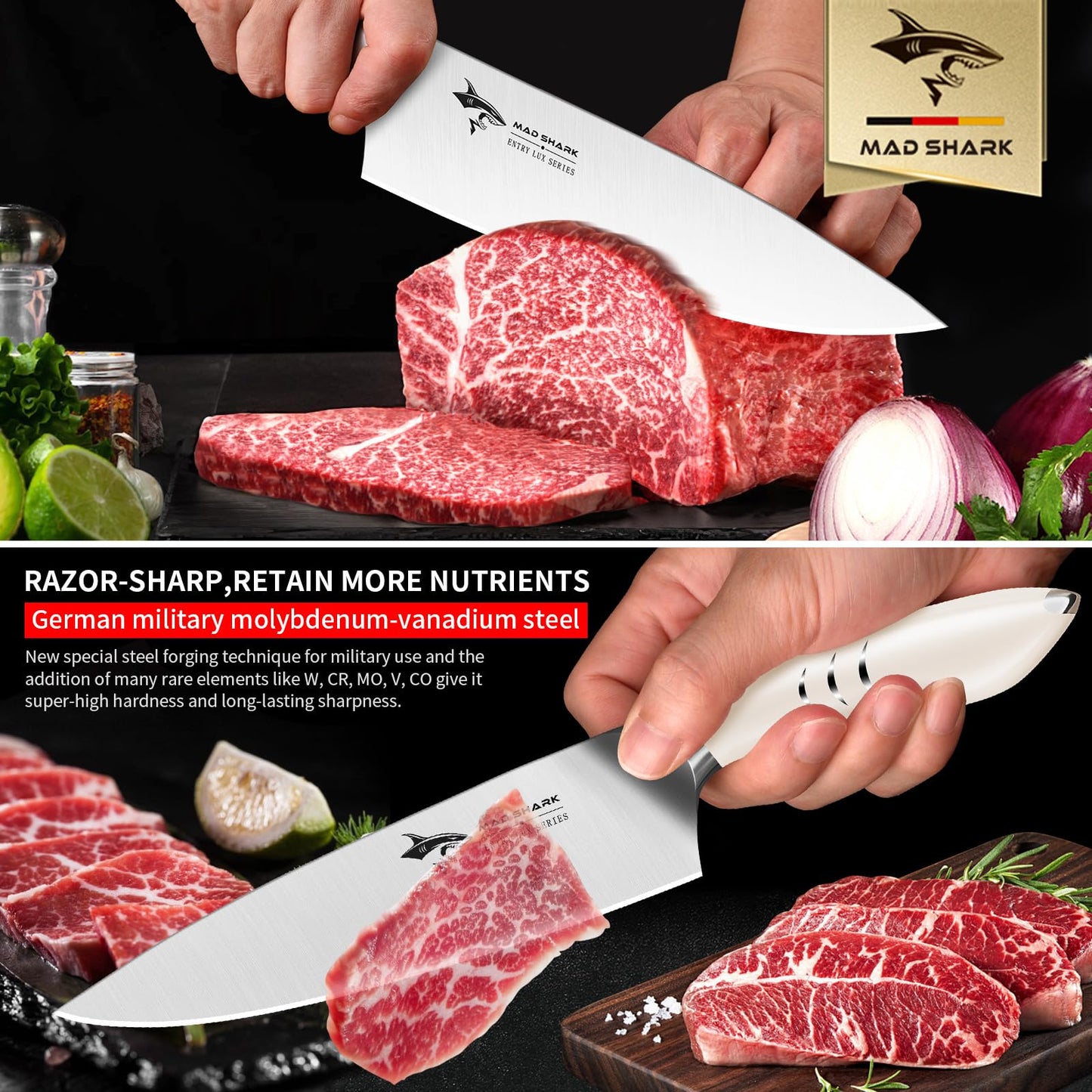 MAD SHARK Chef Knife 8 inch Chopping Knife High Carbon Stainless Steel Shark Chef's Knives with Ergonomic Handle, Cooking Knife with Gift Box, Birthday Gifts for Mom/Dad, Black