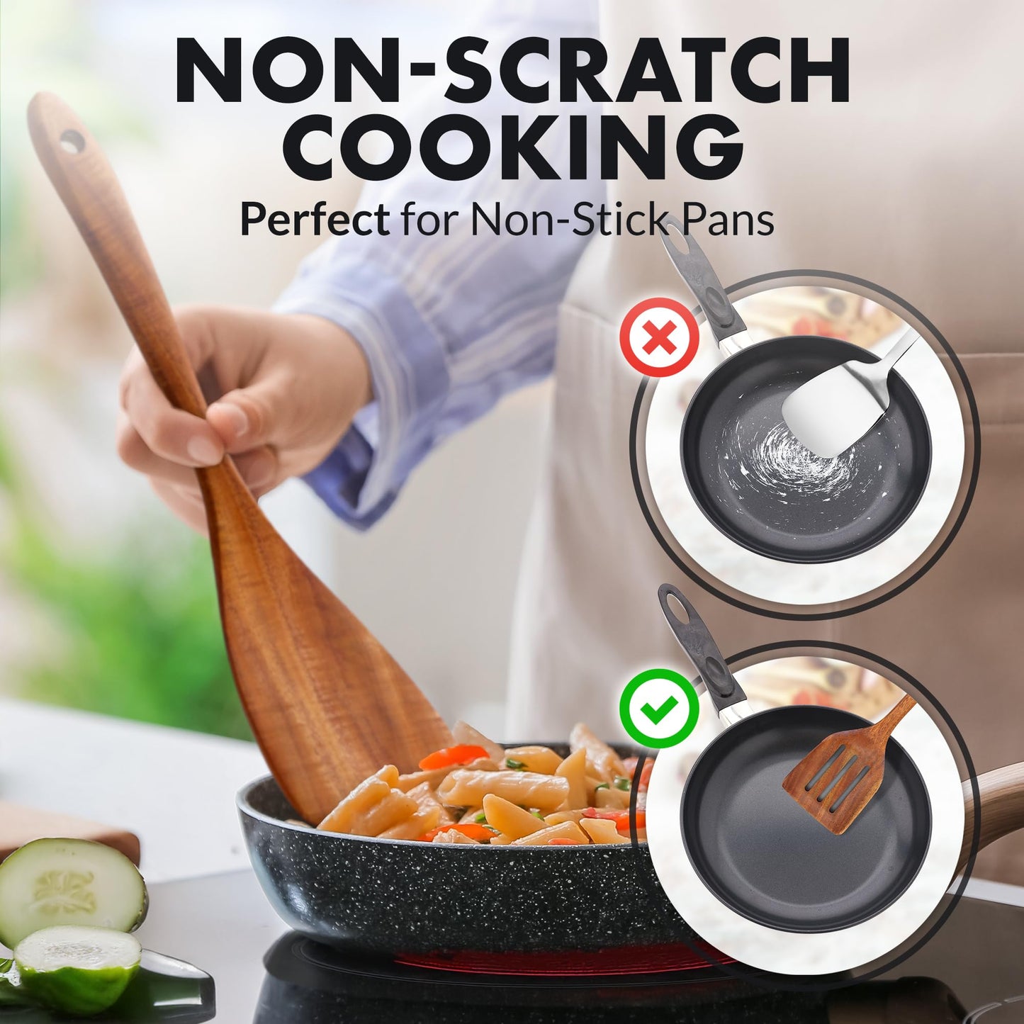 Zulay Kitchen 9.4" Teak Wooden Cooking Spoon – Durable, Non-Stick Wooden Utensil for Cooking, Stirring, Mixing & Serving – Heat-Resistant, Smooth Finish Kitchen Spoon for Nonstick Cookware