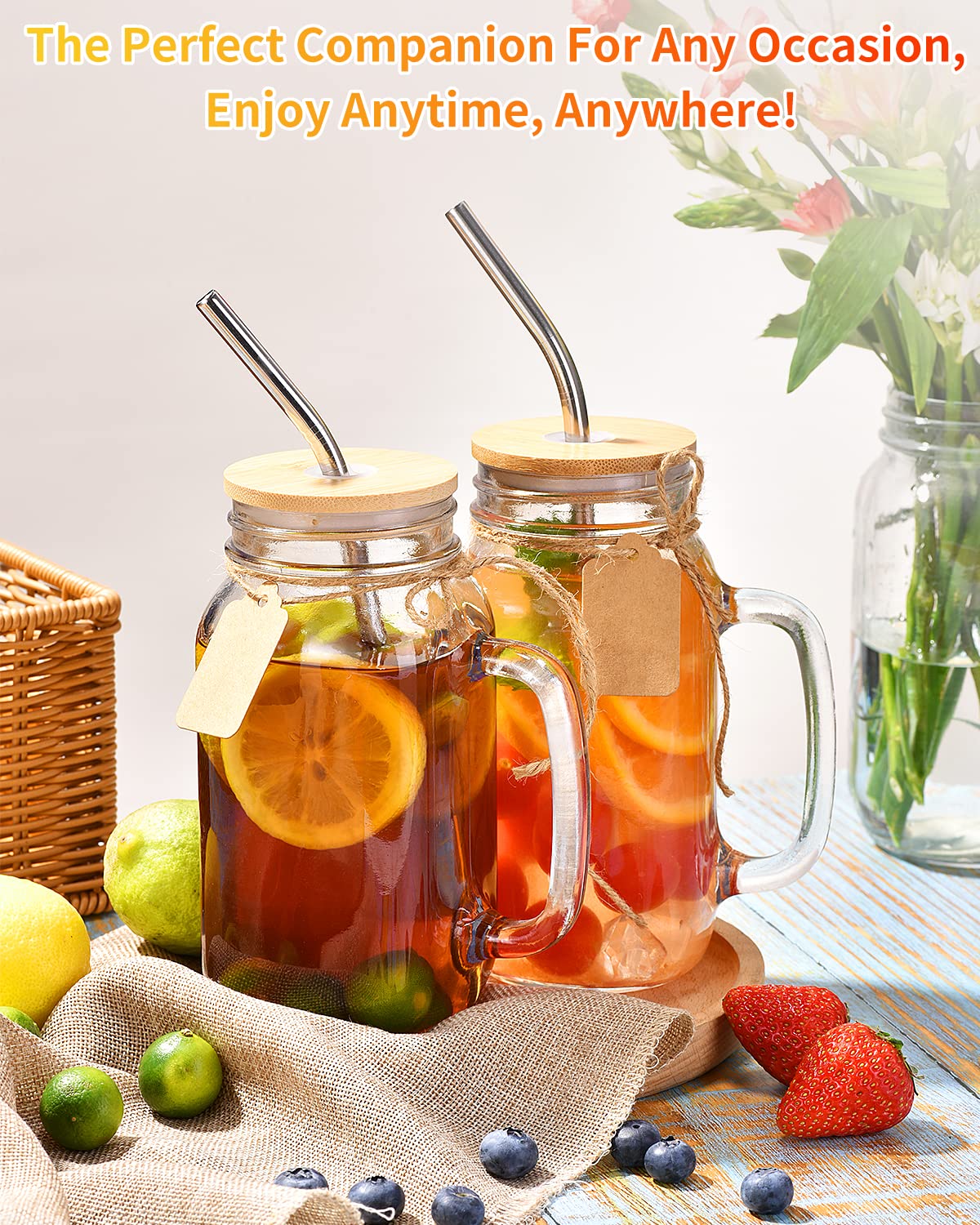 TANGLONG 16 oz Mason Jars with Handle, Mason Jar Cups, Glass Cups with Lids and Straws, Drinking Glasses Set of 12