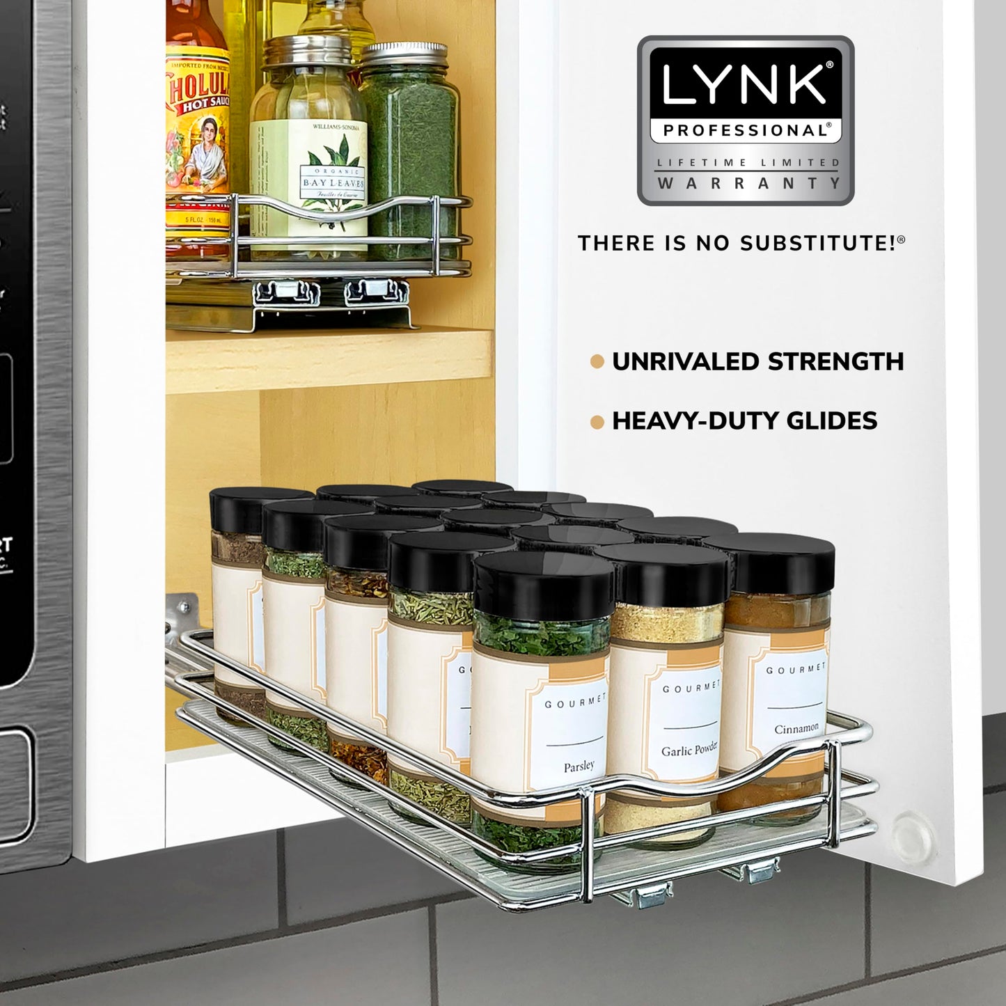 LYNK PROFESSIONAL® Pull Out Spice Rack Organizer for Inside Kitchen Cabinets - 4-3/8 inch Wide - Slide Out Drawer – Black Sliding Spice Cabinet Organization Shelf Racks - 2 Tier