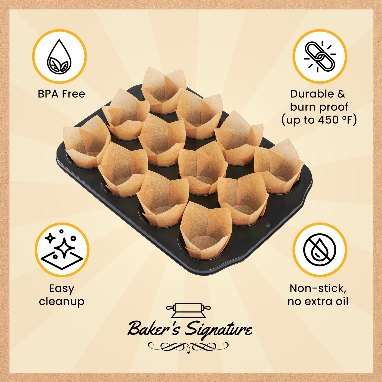 Tulip Cupcake Liners, Muffin Liners for Baking by Baker’s Signature – 200pcs of Parchment Paper Cups Cupcake Wrappers – Perfect Size, Sturdy, Greaseproof & Easy to Use – Colorful