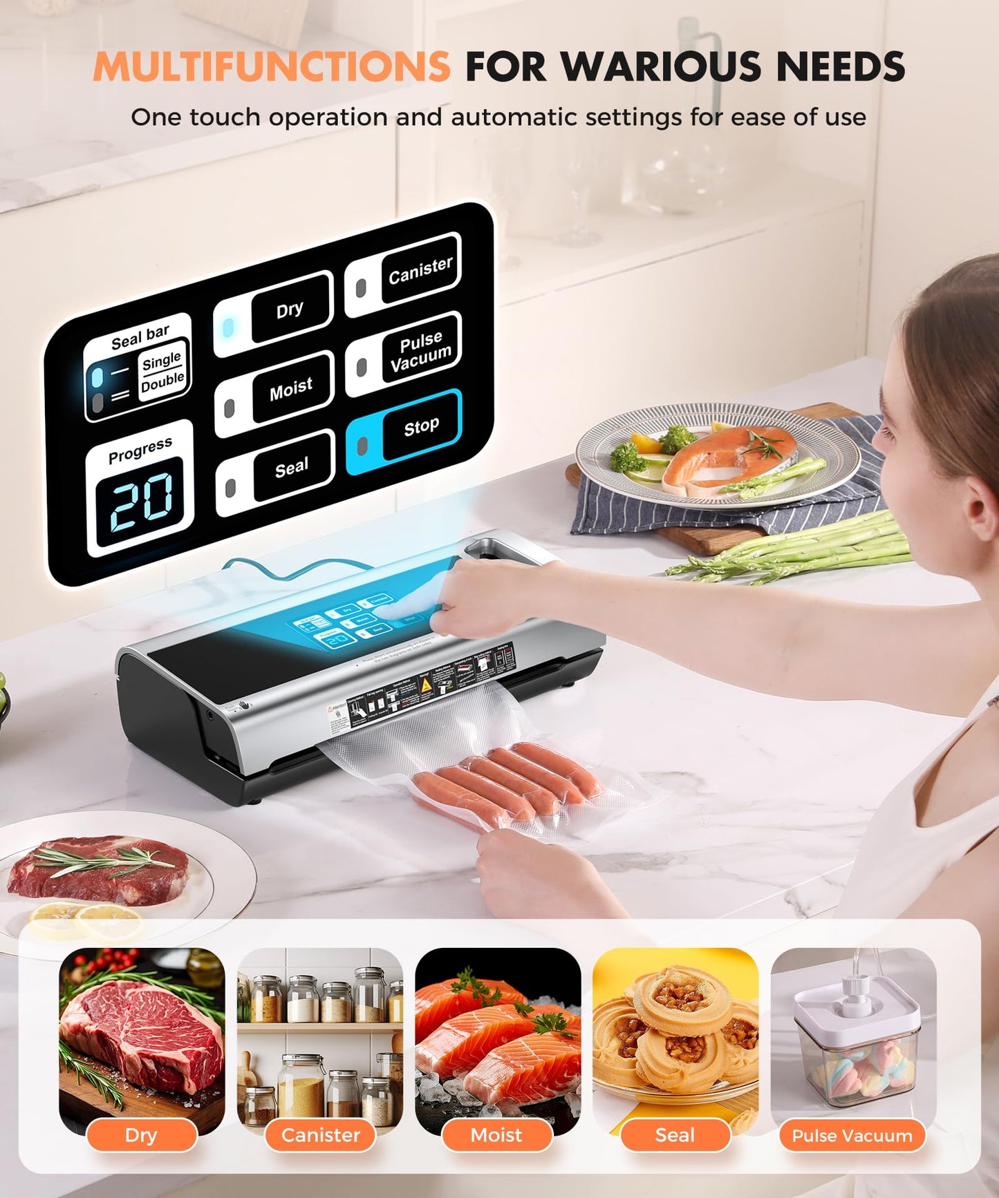 90KPa Portable Vacuum Sealer Machine for Food, One-Touch Open Lid, Detachable & Easy to Clean, Vertical Placement Saves Space, Powerful Suction for Freezer Bags & Food Storage