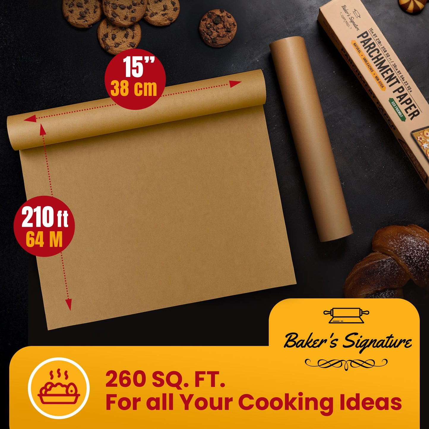 Unbleached Parchment Paper for Baking – 2-Pack 520 Sq.Ft Total - 15 in x 210 ft Baking Paper Roll with Cutter, Non-Stick Brown Parchment for Baking, Cooking, Grilling, Steaming by Baker’s Signature
