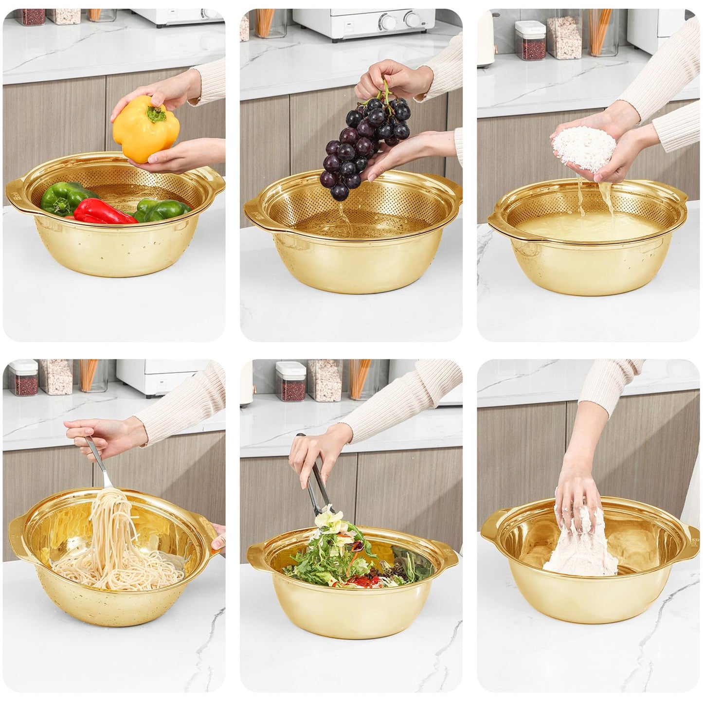 304 Stainless Steel Microporous Colander, 2.5QT Large Capacity with Mixing Bowl For washing vegetables, fruit and rice and for draining cooked pasta(2PC)