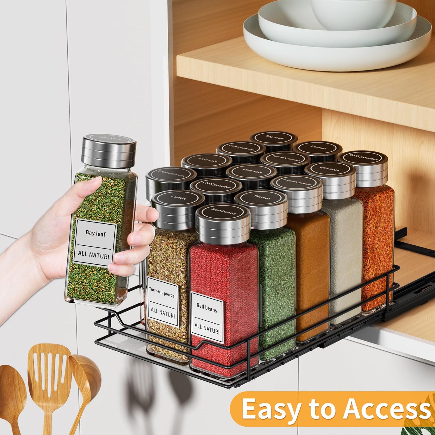 RCHYFEED Pull Out Spice Rack Organizer for Cabinet,Slide out Spice Organizer for Inside Cabinets,Heavy Duty Spice Organization for Kitchen and Pantry,Seasoning,Sauces(1-Tier,8.5" Wx10.5 Dx2.5 H)