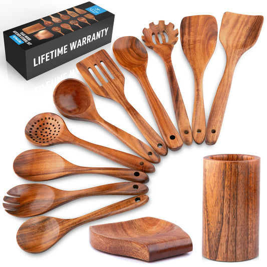 Zulay Kitchen 9.4" Teak Wooden Cooking Spoon – Durable, Non-Stick Wooden Utensil for Cooking, Stirring, Mixing & Serving – Heat-Resistant, Smooth Finish Kitchen Spoon for Nonstick Cookware