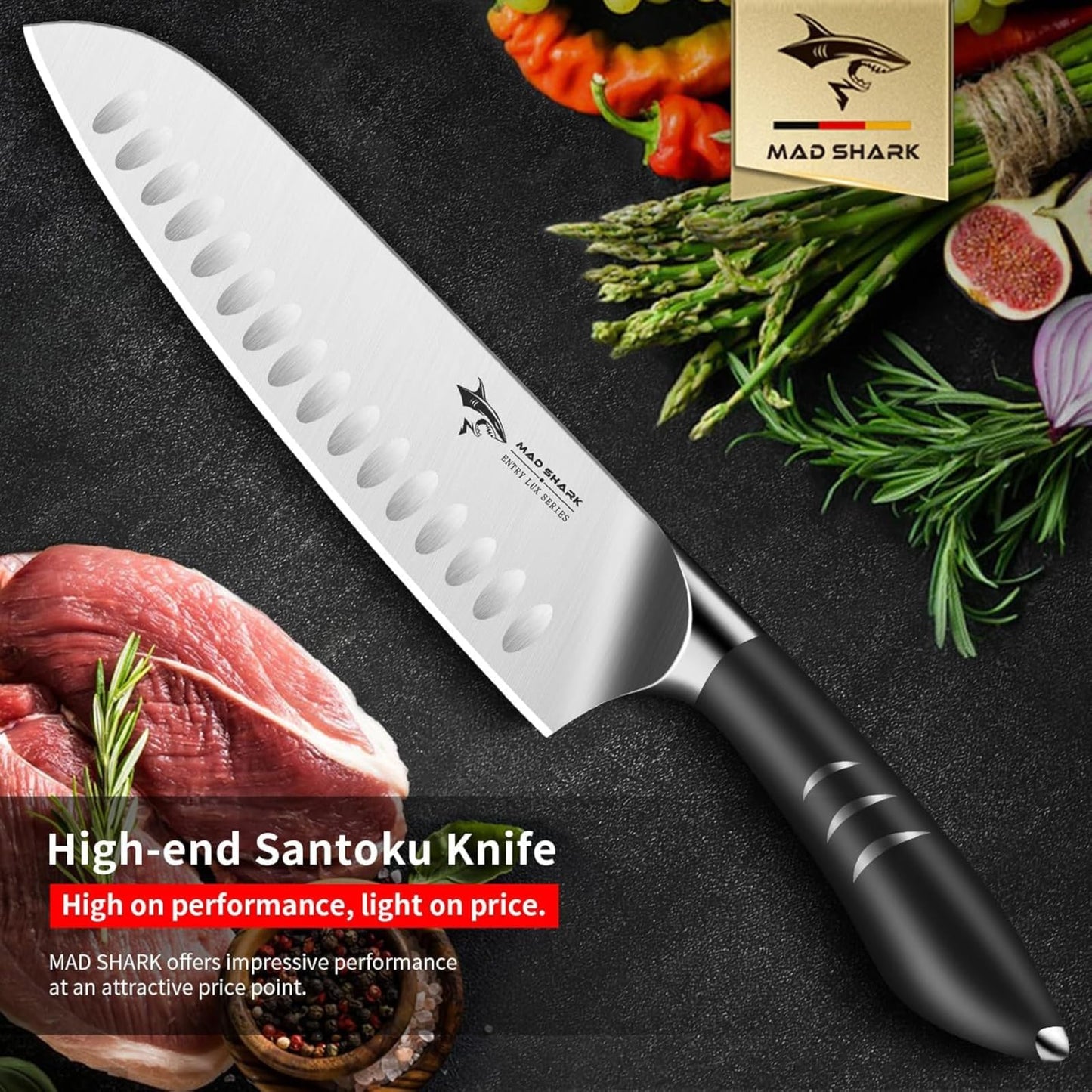MAD SHARK 8 Inch Santoku Knife - Ultra Sharp Japanese Kitchen Knife, High Carbon German Steel, Ergonomic Handle - Ideal for Slicing, Dicing & Chopping - Unique Gift for Chefs, Men & Women (White)