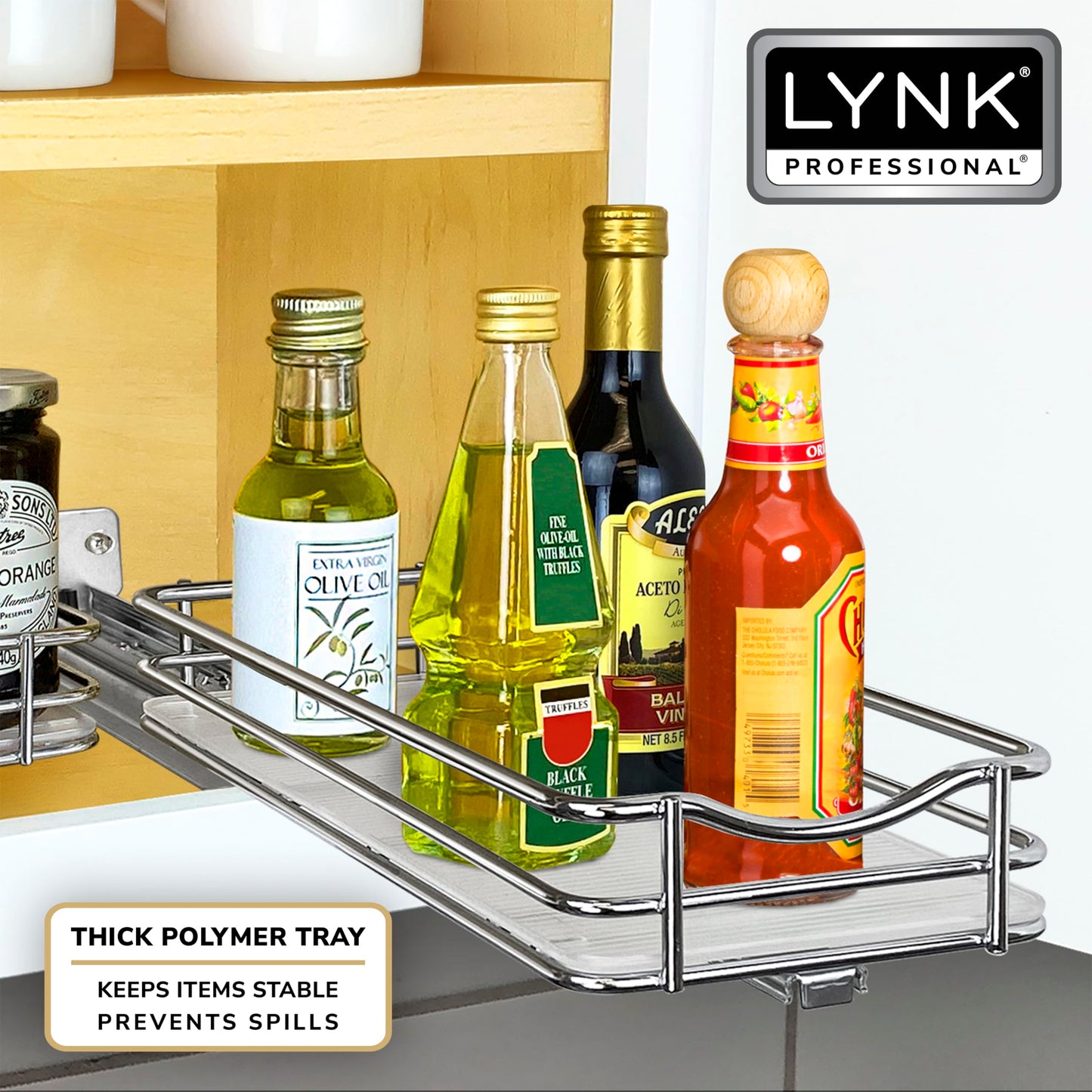 LYNK PROFESSIONAL® Pull Out Spice Rack Organizer for Inside Kitchen Cabinets - 4-3/8 inch Wide - Slide Out Drawer – Black Sliding Spice Cabinet Organization Shelf Racks - 2 Tier
