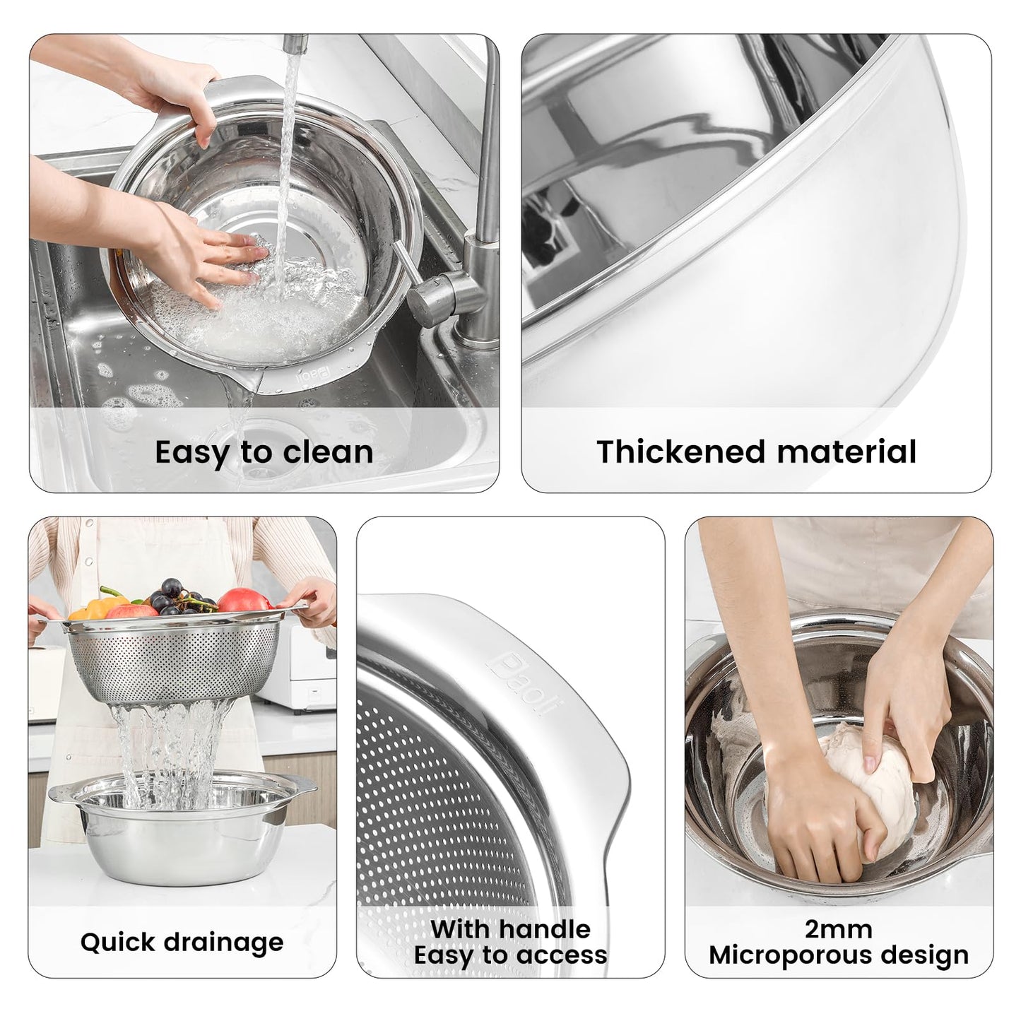 304 Stainless Steel Microporous Colander, 2.5QT Large Capacity with Mixing Bowl For washing vegetables, fruit and rice and for draining cooked pasta(2PC)