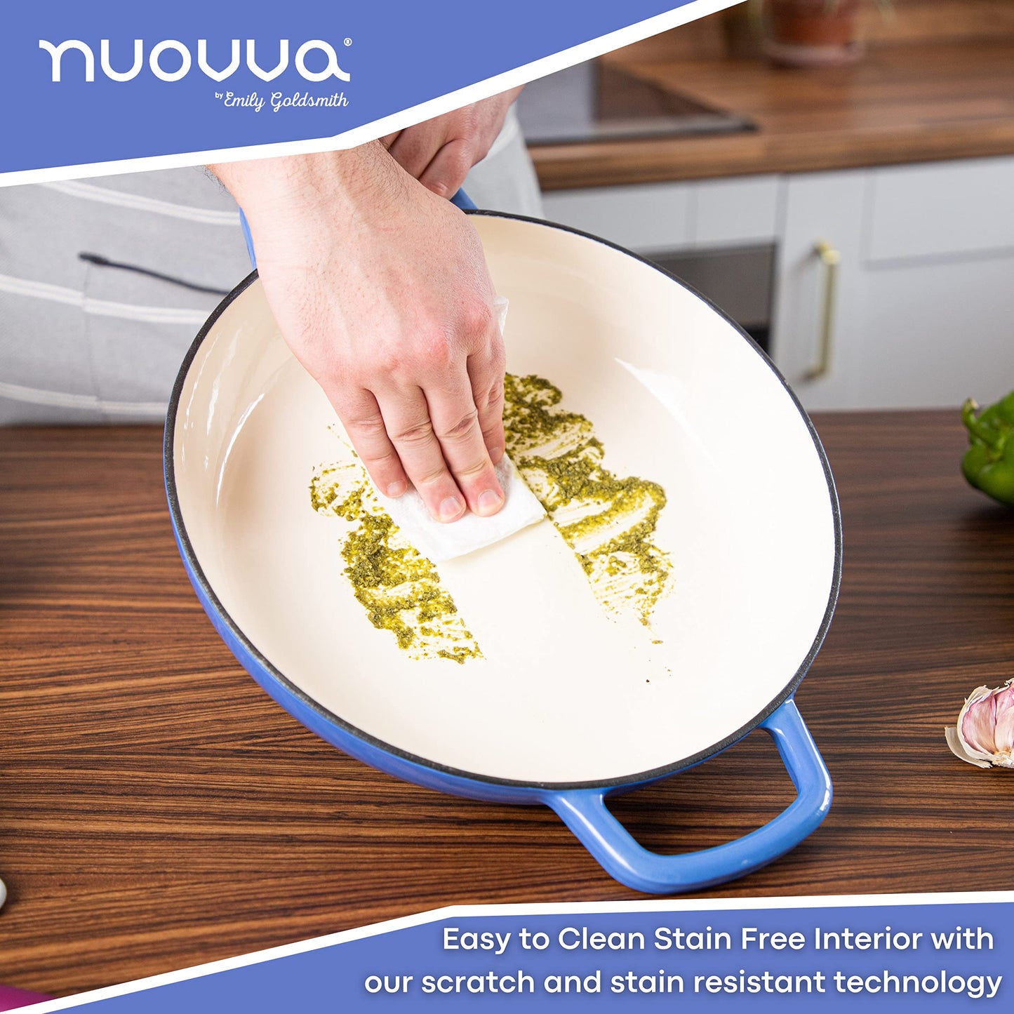 Shallow Cast Iron Casserole with Lid – Non Stick Dutch Oven Pot, Oven Safe up to 500° F – Sturdy Ovenproof Stockpot Cookware – Enamelled Cooking Pot – Black, 5-Quart, 32cm – by Nuovva