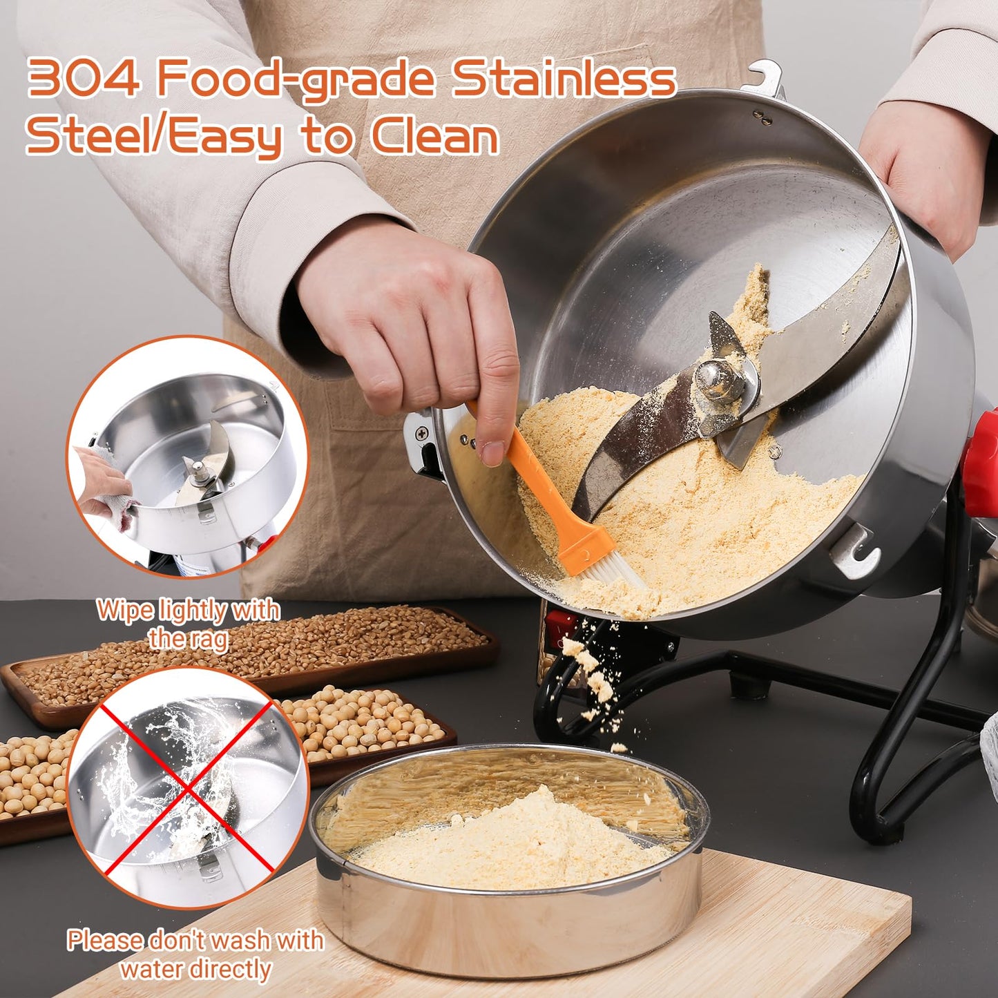 Electric Grain Mill Grinder 800g Stainless Steel Pulverizer 36000r/min High-speed Grain Mill 1800W Dry Material Grinding Machine 270° swingable Superfine powder for Home and Commercial