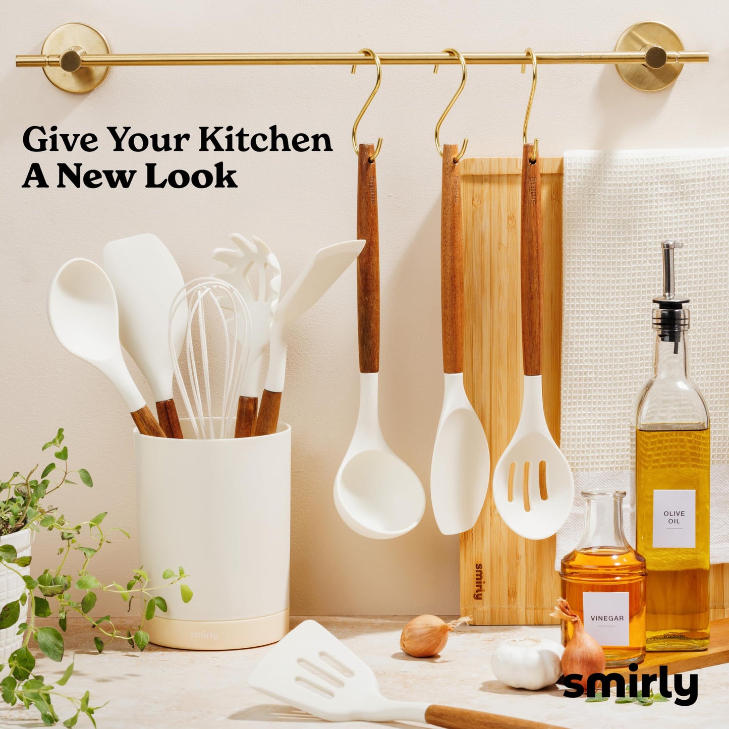 Silicone Kitchen Utensils Set & Holder: Cooking Utensils Set - Kitchen Essentials for New Home & 1st Apartment- Silicone Spatula Set, Cooking Spoons for Nonstick Cookware (Acacia Wood, Cream White)