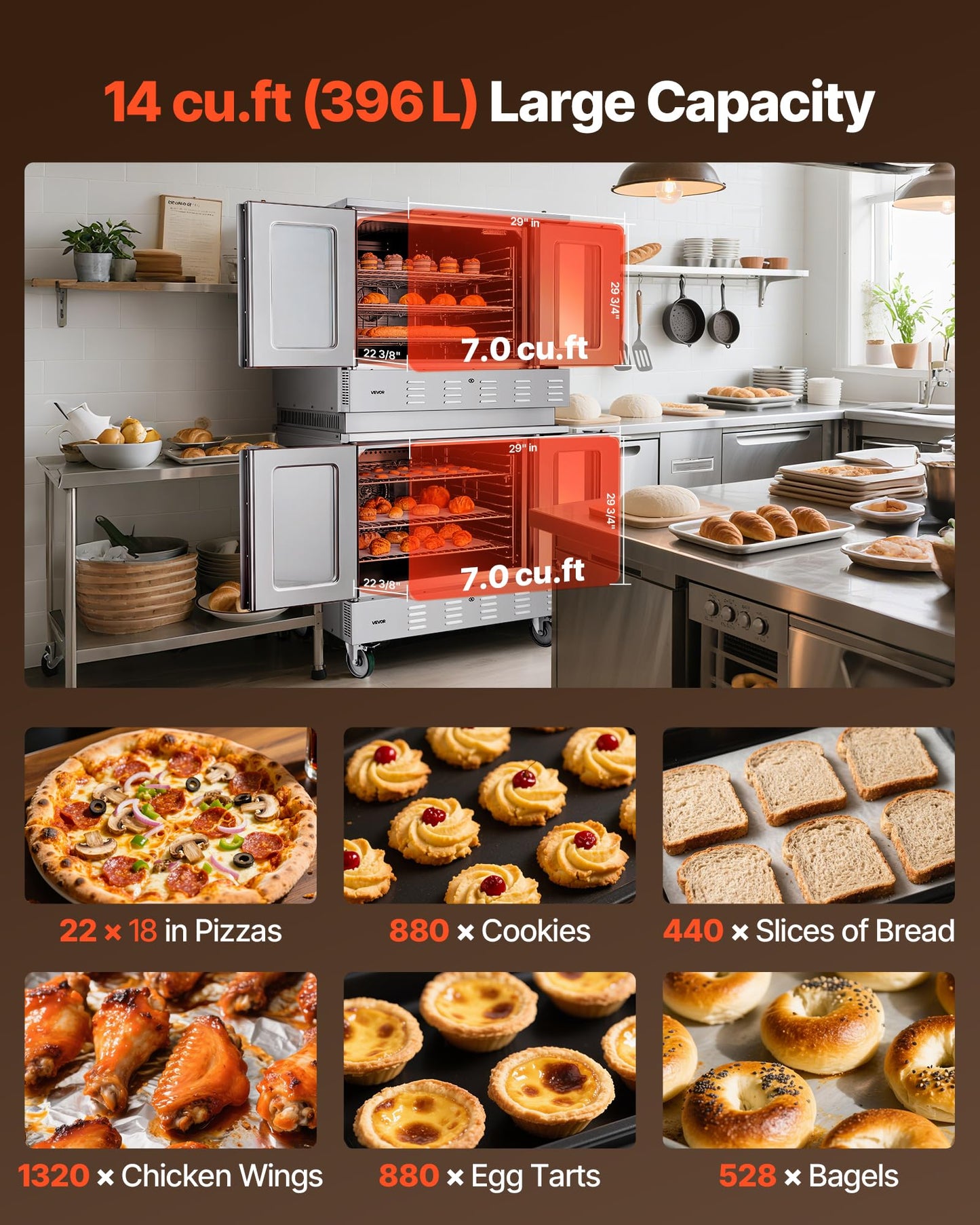 VEVOR Commercial Convection Oven, 21L/19Qt, Quarter-Size Conventional Oven Countertop, 1440W 3-Tier Toaster w/Front Glass Door, Electric Baking Oven w/Trays Wire Racks Clip Gloves, 120V