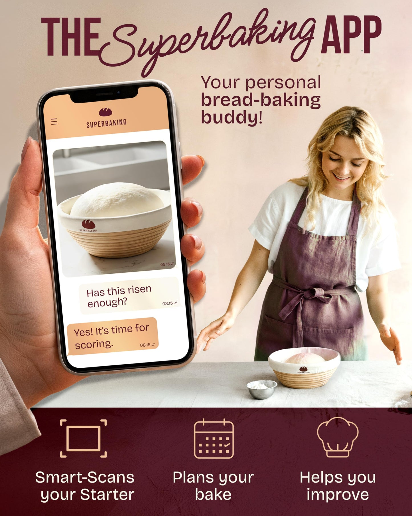 Superbaking 2 pcs Banneton Bread Proofing Basket, 9" Splinter-Free Round Rattan Bread Basket with Liners, Sourdough Starter Kit, Sourdough Bread Baking Supplies & Sourdough Kit, Bread Making Tools