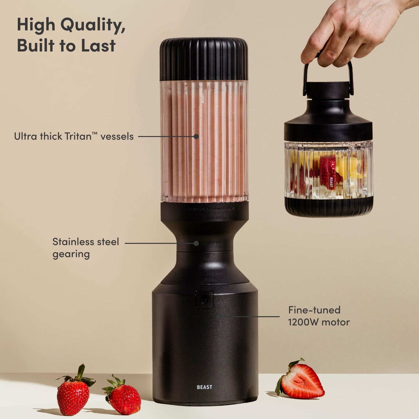Beast Mega 1200 Plus | Premium Countertop Blender | Smoothies, Shakes, Sauces, Dips, Soups | Blends Ice and Frozen Fruit | XL Vessel | With Extra Vessels, Straw System | (Charcoal, 120V)