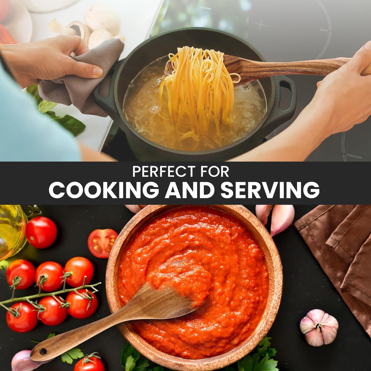 Zulay Kitchen 9.4" Teak Wooden Cooking Spoon – Durable, Non-Stick Wooden Utensil for Cooking, Stirring, Mixing & Serving – Heat-Resistant, Smooth Finish Kitchen Spoon for Nonstick Cookware