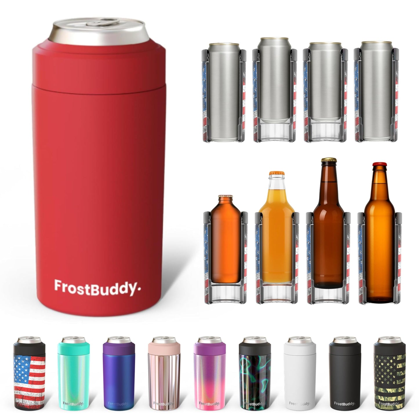Frost Buddy Universal Buddy Can Cooler - Fits All - For Regular 12 & 16 oz or Slim-Size Bottles - Insulated Double -Walled Stainless Steel (All white)
