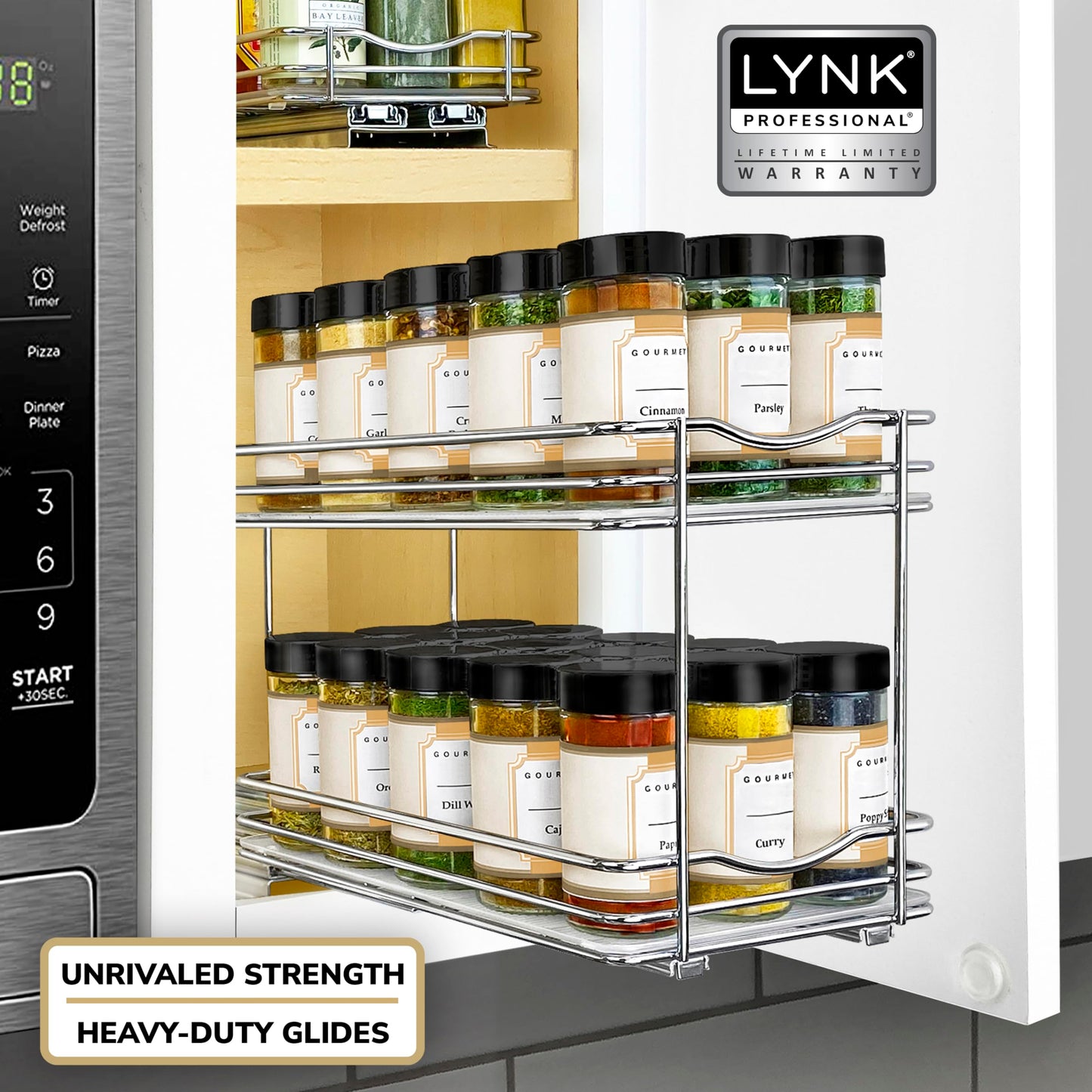LYNK PROFESSIONAL® Pull Out Spice Rack Organizer for Inside Kitchen Cabinets - 4-3/8 inch Wide - Slide Out Drawer – Black Sliding Spice Cabinet Organization Shelf Racks - 2 Tier