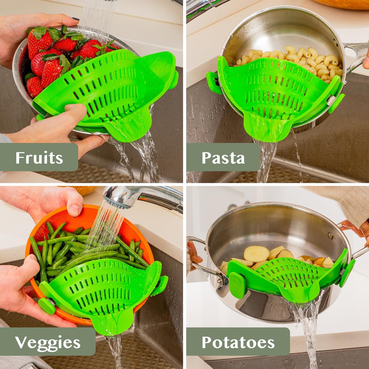 Kitchen Gizmo Snap N' Strain - Silicone Pasta Strainer Clip-On for Pots and Pans - Heat Resistant Colander for Vegetables and Noodles - Kitchen Gadgets for Cooking - Space-Saving Design - Gray