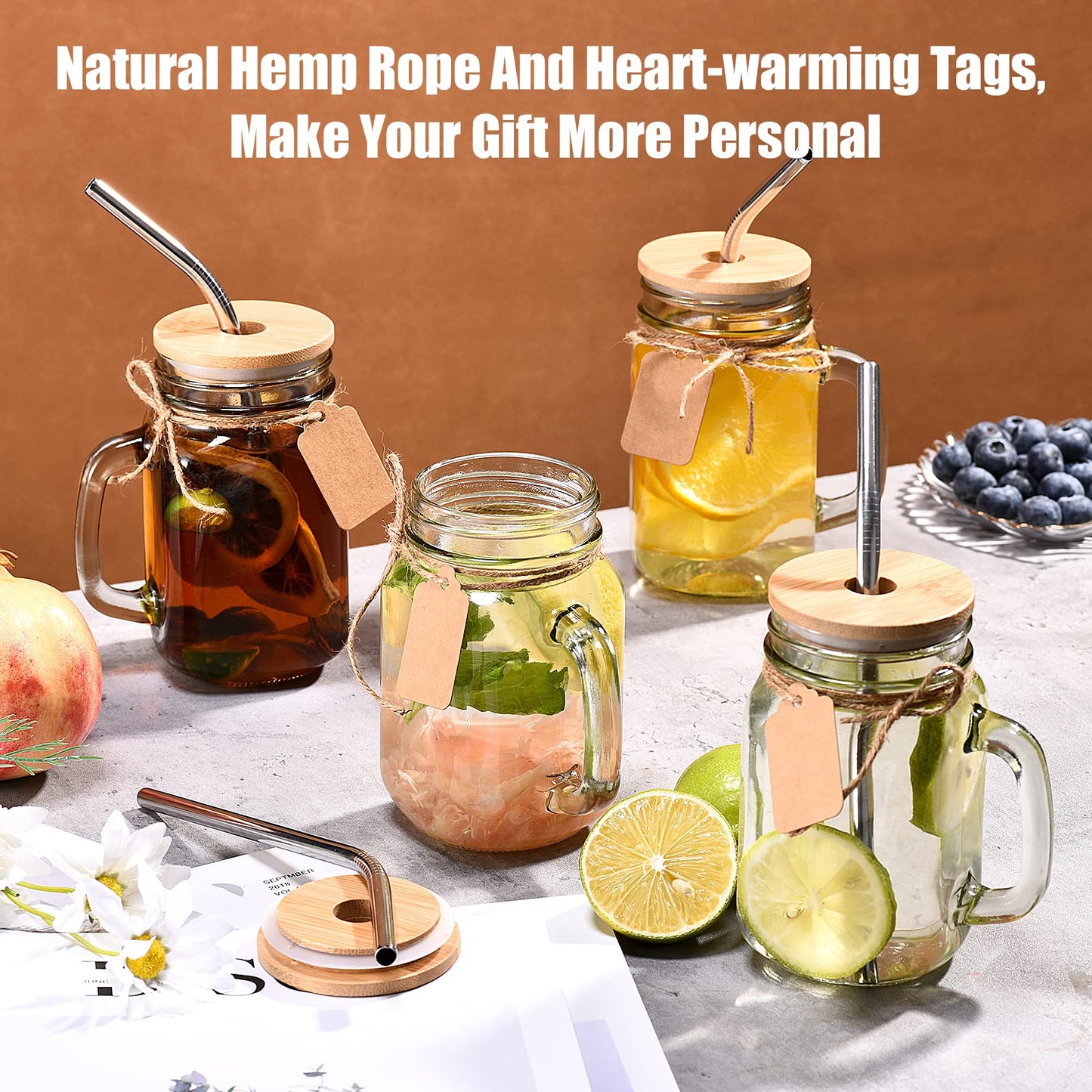 TANGLONG 16 oz Mason Jars with Handle, Mason Jar Cups, Glass Cups with Lids and Straws, Drinking Glasses Set of 12