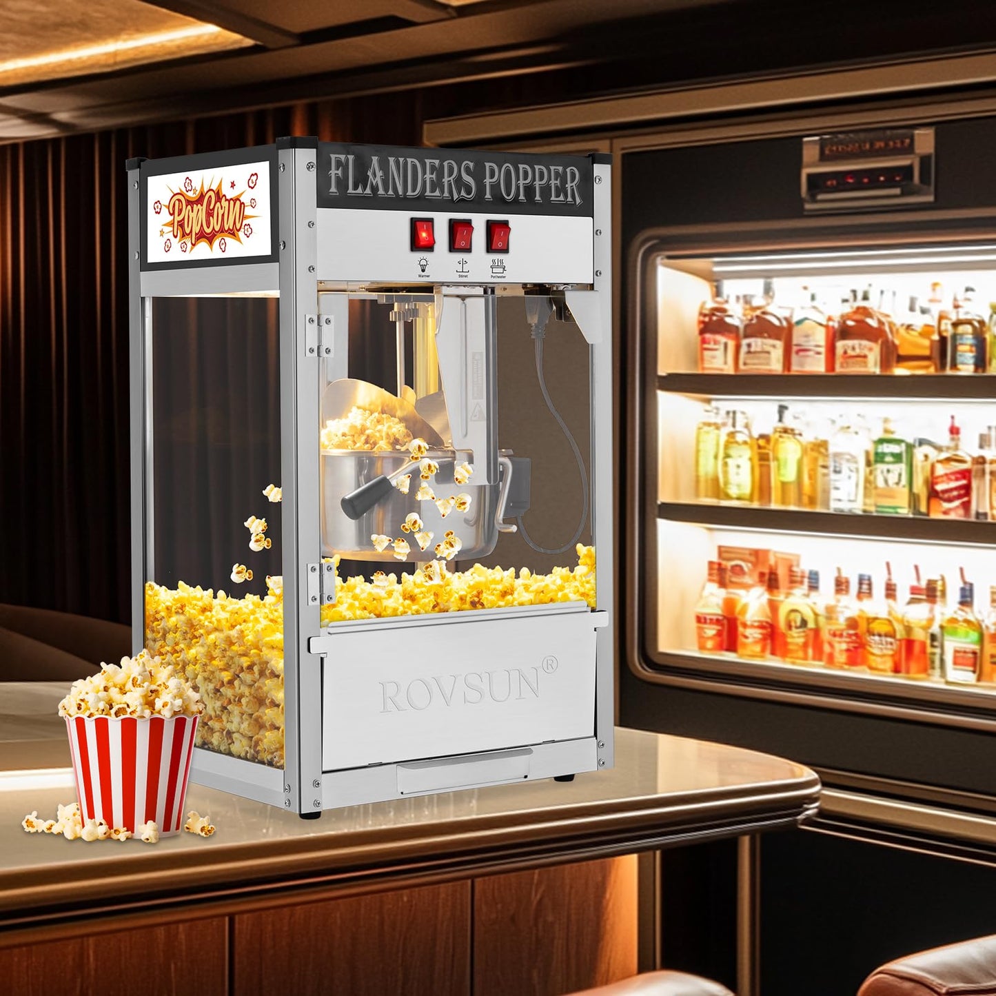 ROVSUN Popcorn Machine with 8 Ounce Kettle Makes Up to 32 Cups, Commercial Popcorn Machine Countertop Popcorn Maker w/Stainless Steel Scoop, Oil Spoon & 3 Popcorn Cups for Home Movie Theater, ETL