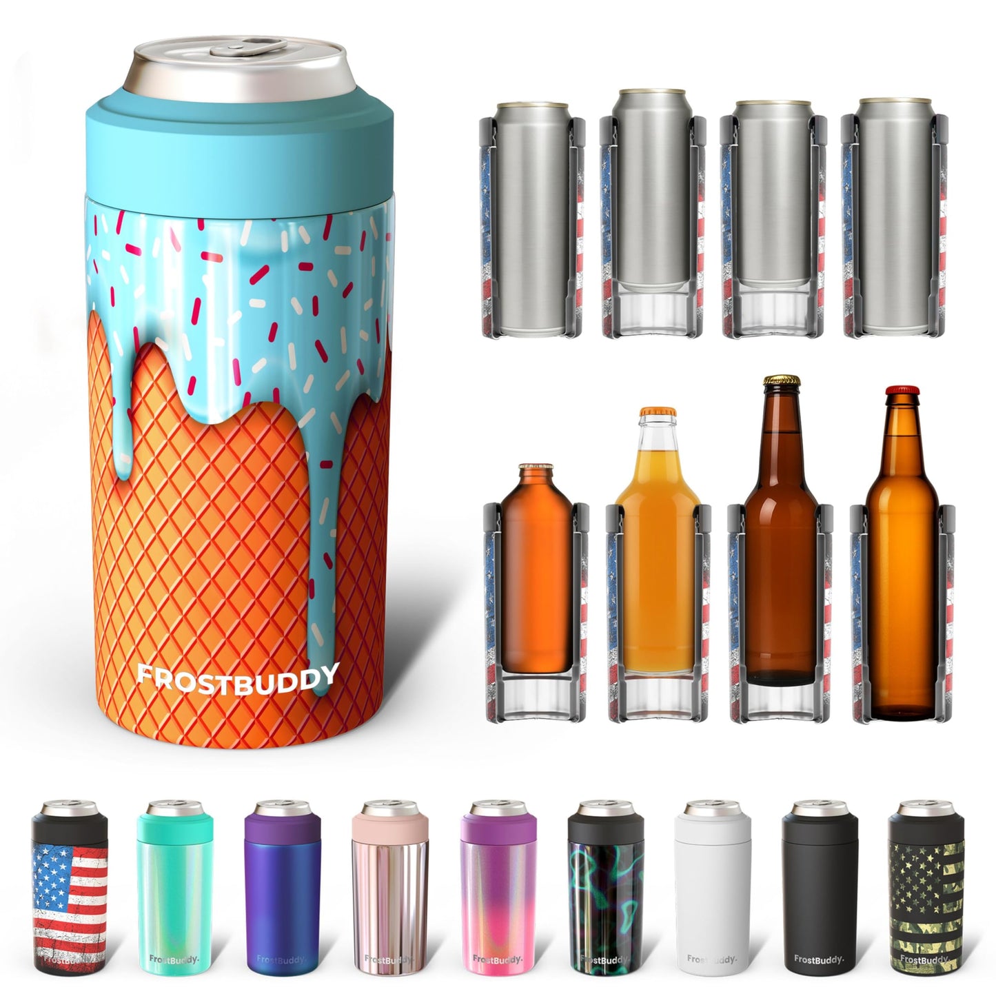 Frost Buddy Universal Buddy Can Cooler - Fits All - For Regular 12 & 16 oz or Slim-Size Bottles - Insulated Double -Walled Stainless Steel (All white)