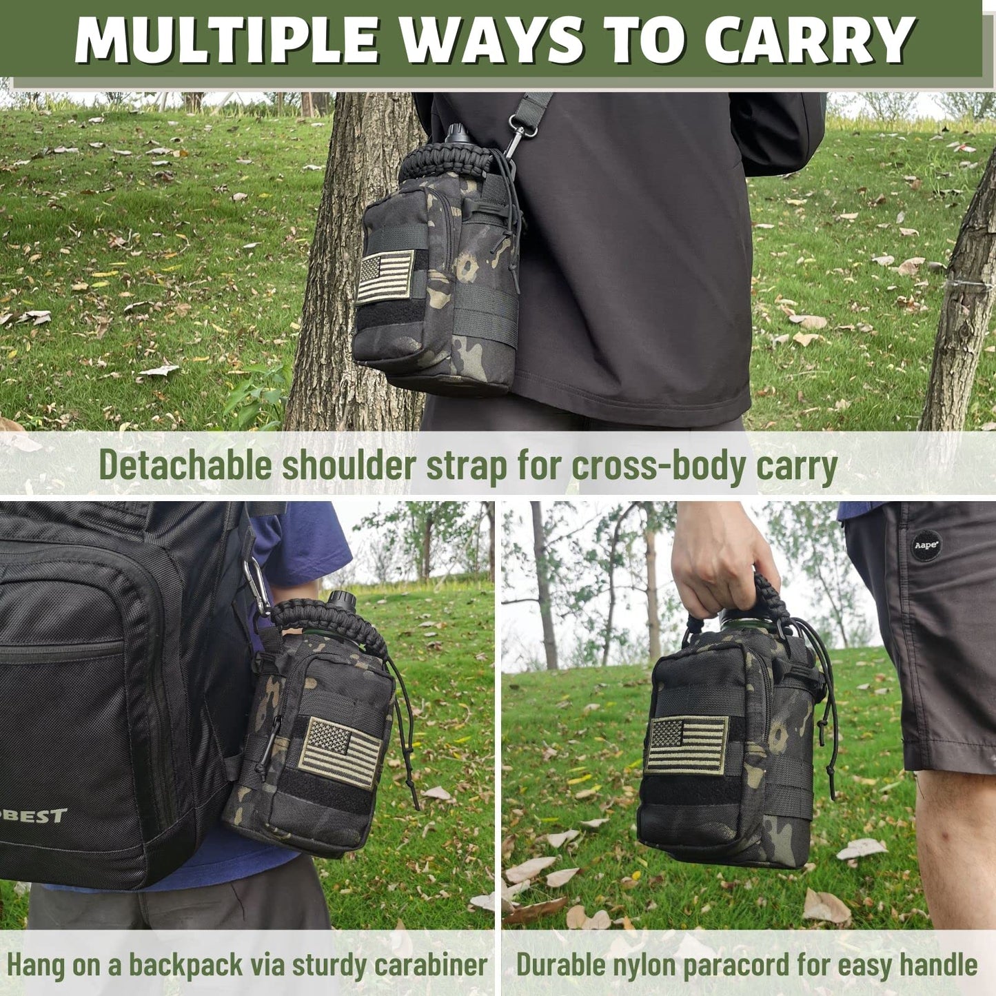 32 Oz Water Bottle with Sleeve - Insulated Bottle with Strap Stainless Steel Gym Water Bottles for Men Sports Workout Hiking All Black